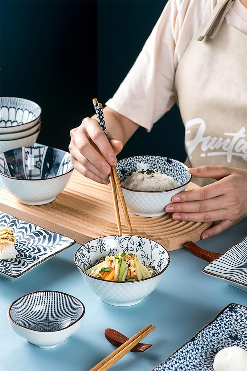 6-Piece Ceramic Bowl Set, Blue and White Japanese-Style, 10 Oz Capacity image number 5
