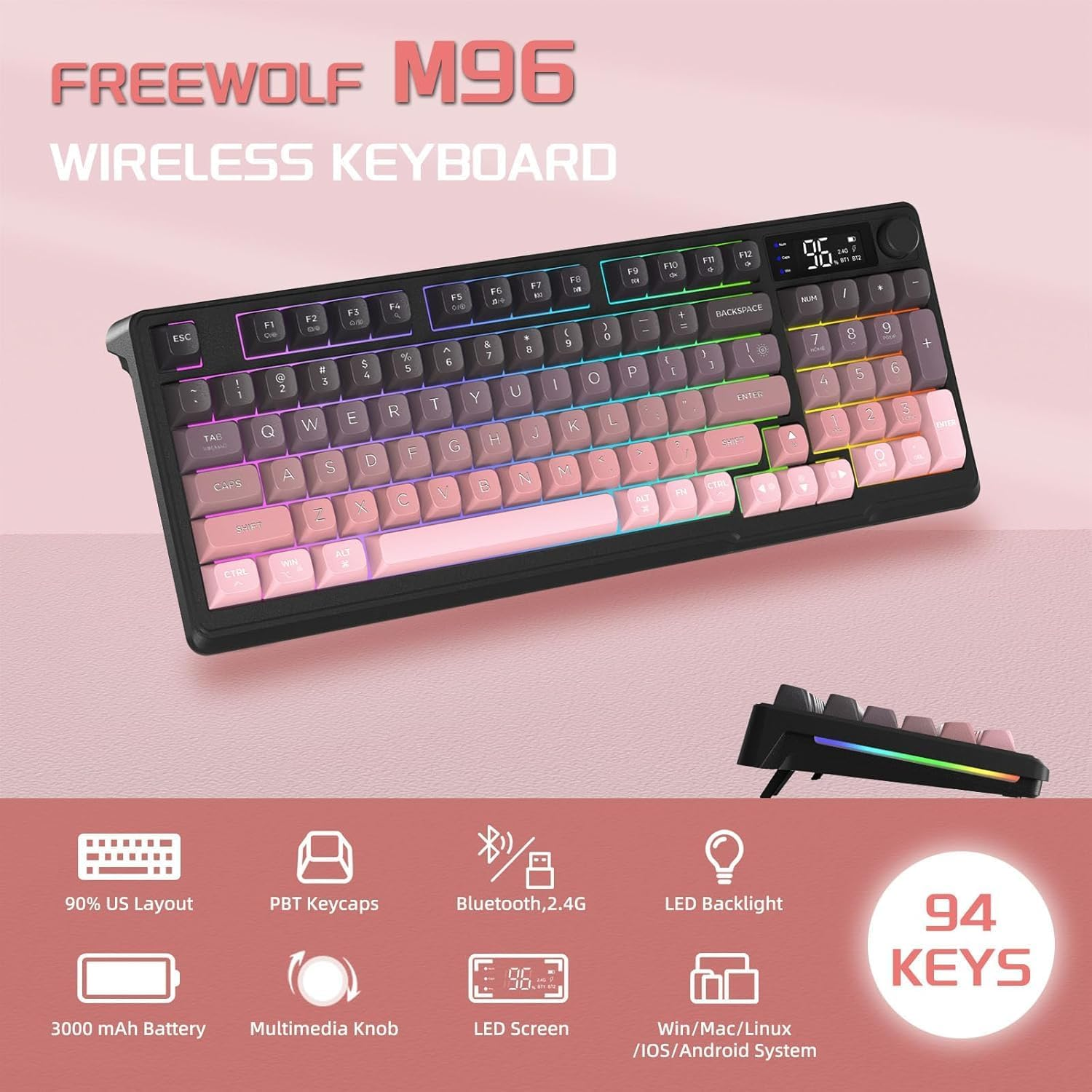 FREEWOLF M96 Wireless Gaming Keyboard Creamy Membrane with Rainbow Backlight,Media Knob,Lcd Screen,Dual Mode-Bluetooth/2.4Ghz,Ball Shape PBT Keycap 94 Key ANSI Layout for Win Mac PC Gamer(Blackberry) image number 5