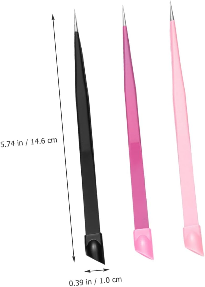 GRADENEVE 3Pcs Double-Ended Nail Picker Tweezers with Pressing Head for Nail Art Sticker Picking Eyelash Extensions Stainless Steel Crafting Tool Kit Pink Black Rose Red image number 4