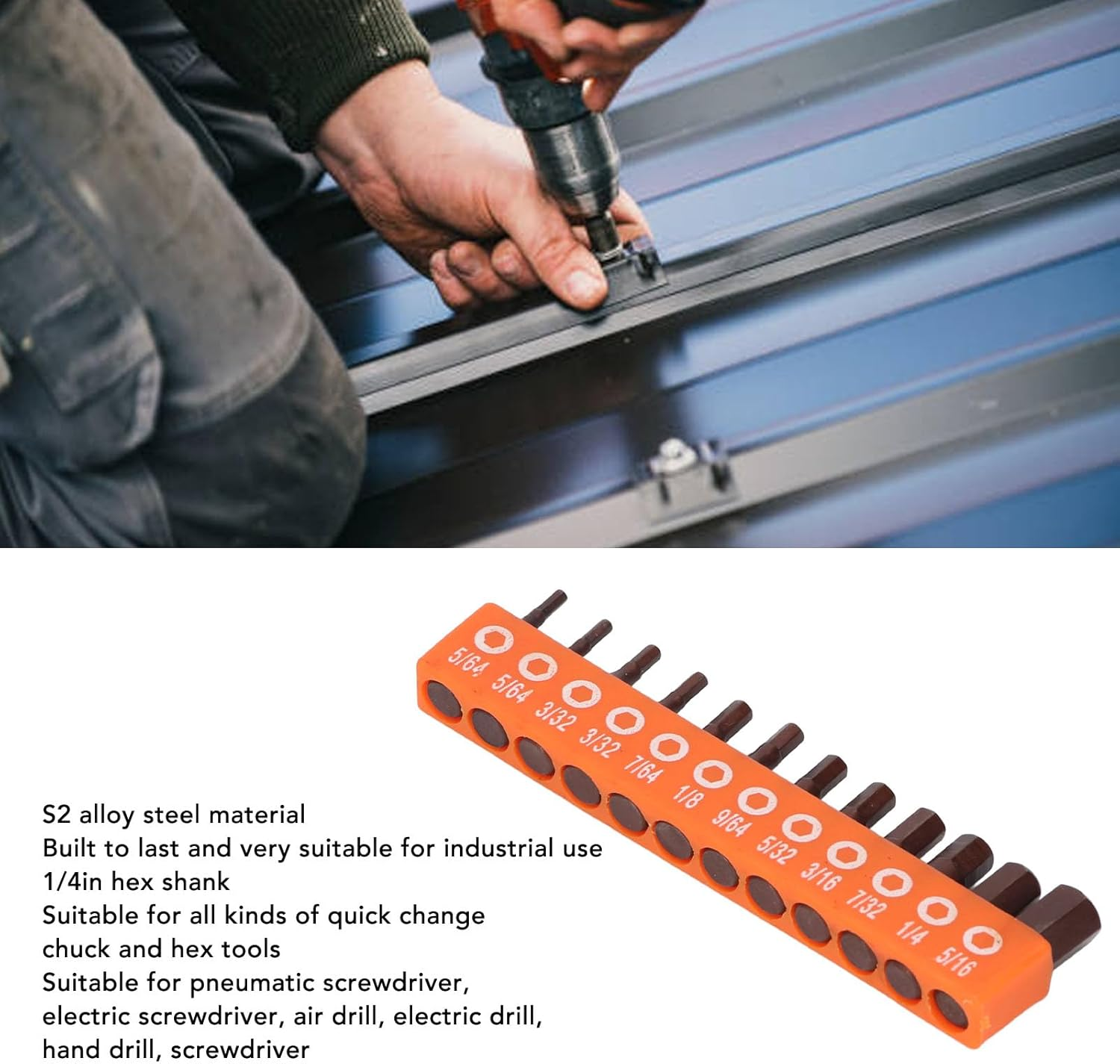 Bewinner 12Pcs Hex Bit Set Imperial 1/4 Inch Shank S2 Alloy Steel 25Mm Screwdriver Drill Bits with Magnetic Grip and Storage Holder for Electric Drill, Hand Drill, and Power Tools image number 5