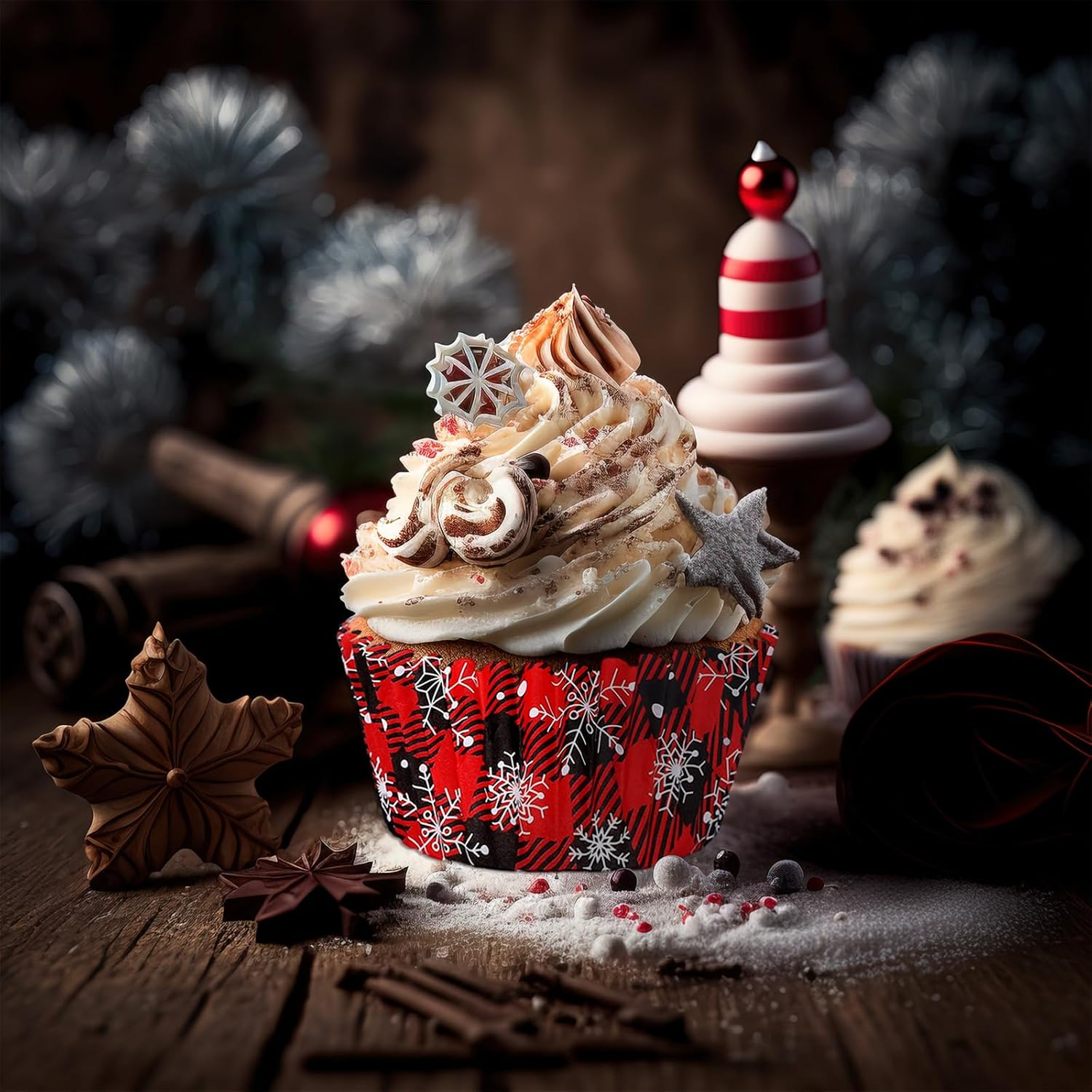 Whaline 300Pcs Christmas Plaid Snowflake Cupcake Liners Red Black Buffalo Plaid Cupcake Wrappers Baking Cups Holders Muffin Liners for Xmas Winter Holiday Birthday Party Supplies