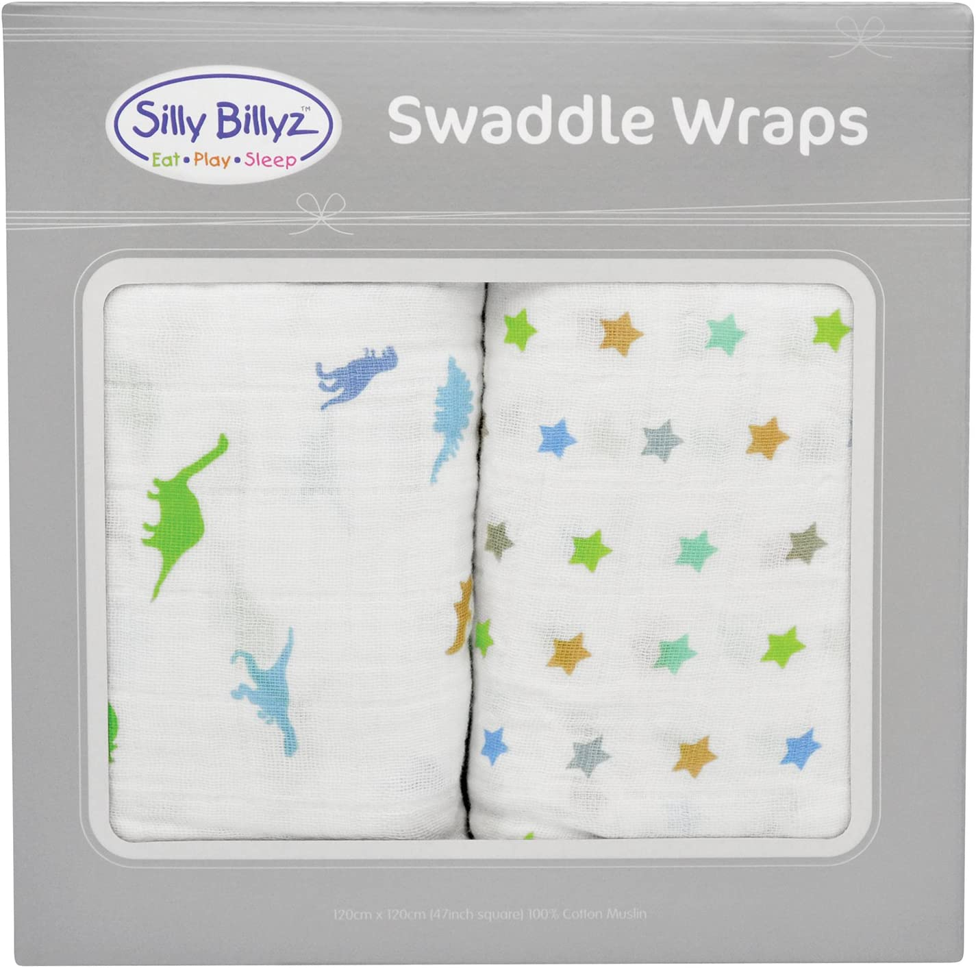 SILLY BILLYZ Muslin Swaddle Wrap, Set Dinostar, White, Pack of 2 image number 2