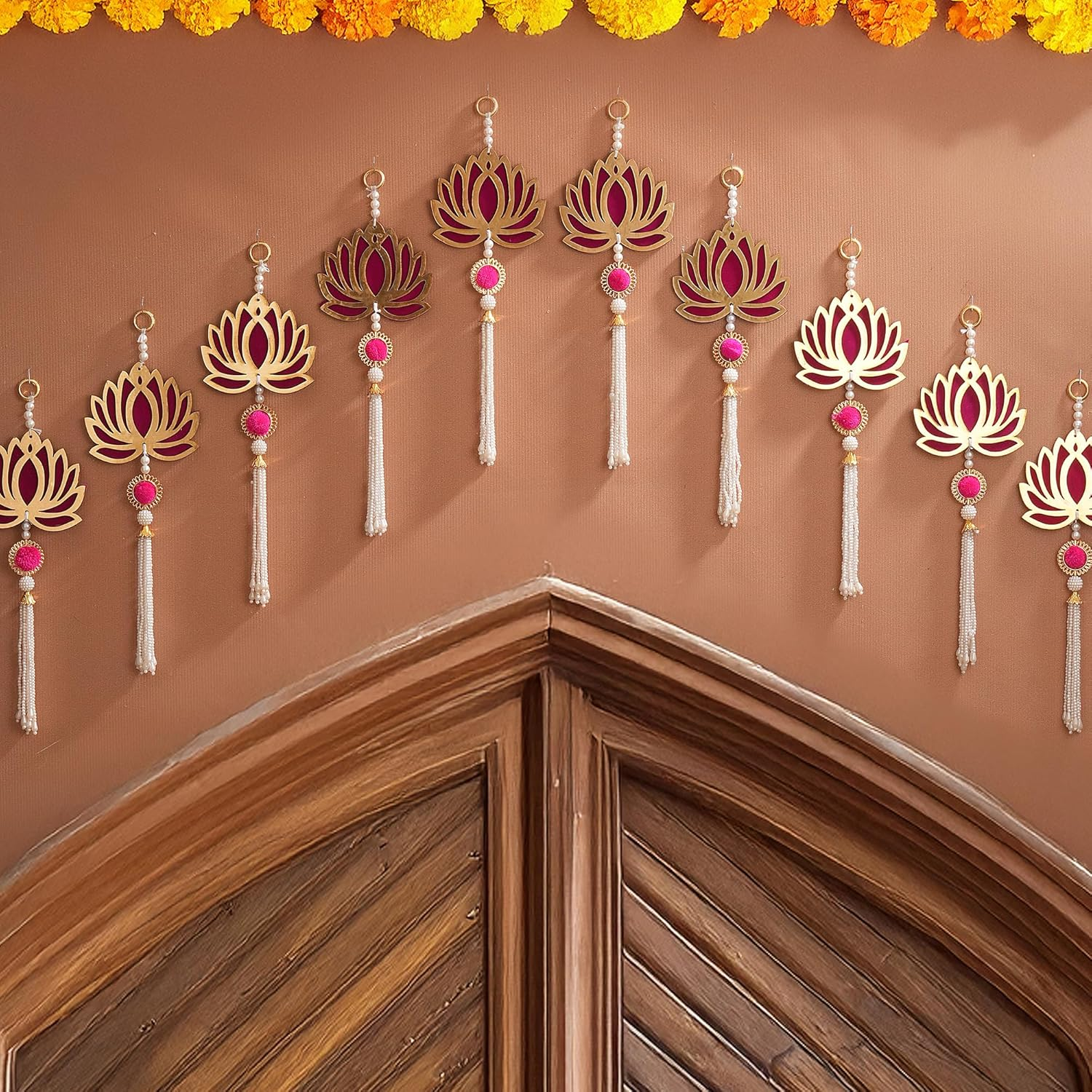 TIED RIBBONS Lotus Backdrop Hanging Pooja Decor | Plastic, 11 Inch | Set of 10 | Indian Diwali Decorations for Home, Navratri, Wedding, Ganesh Pooja, Door Entrance | Ganesh Chaturhti Decoration