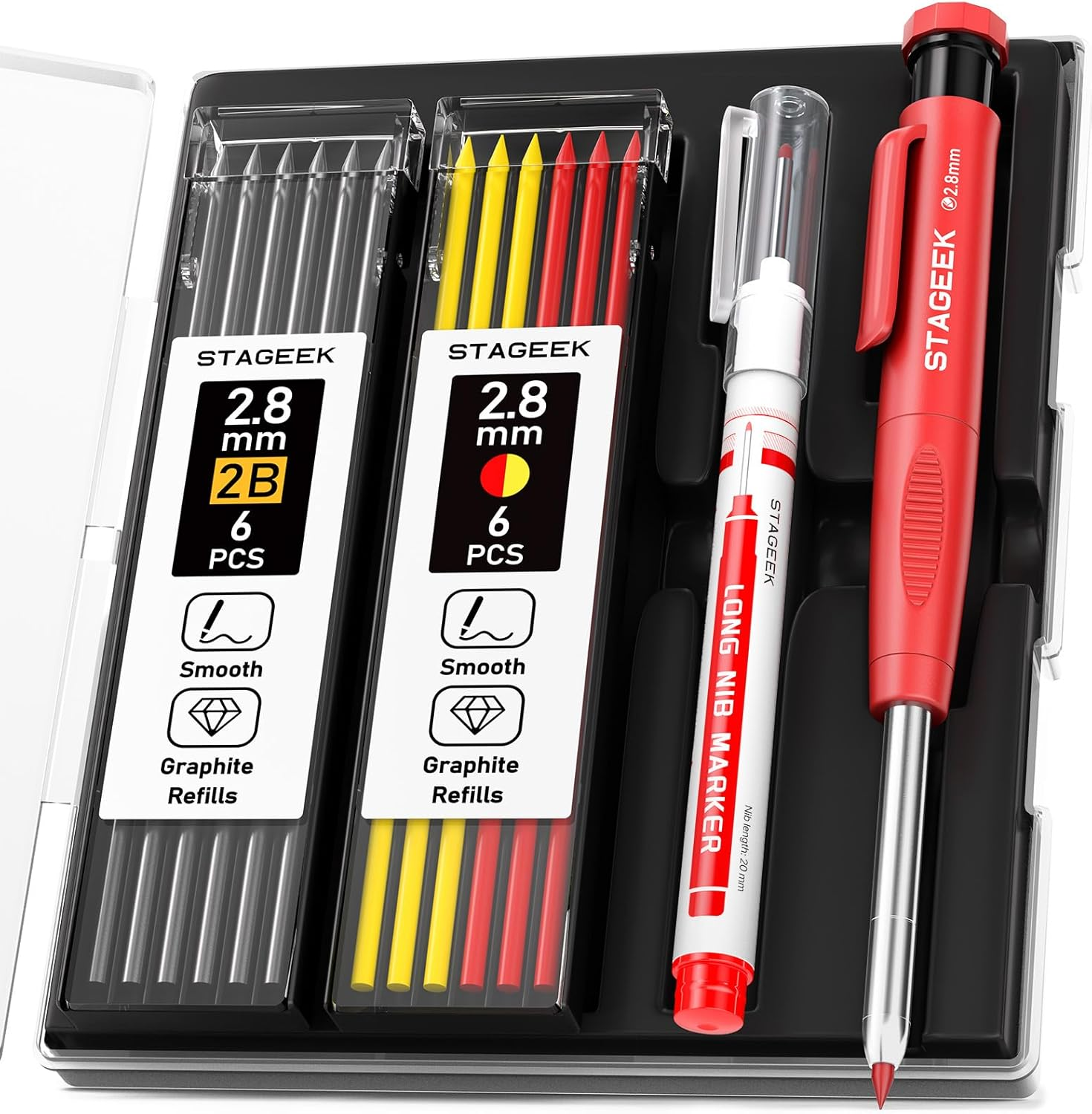 STAGEEK Carpenter Pencils Set with Sharpener, Heavy Duty Woodworking Tools with 13 Refills (Red, Black, Yellow), Construction Pencil and Deep Hole Long Nib Marker Pen for Architect Marking with Case image number 1