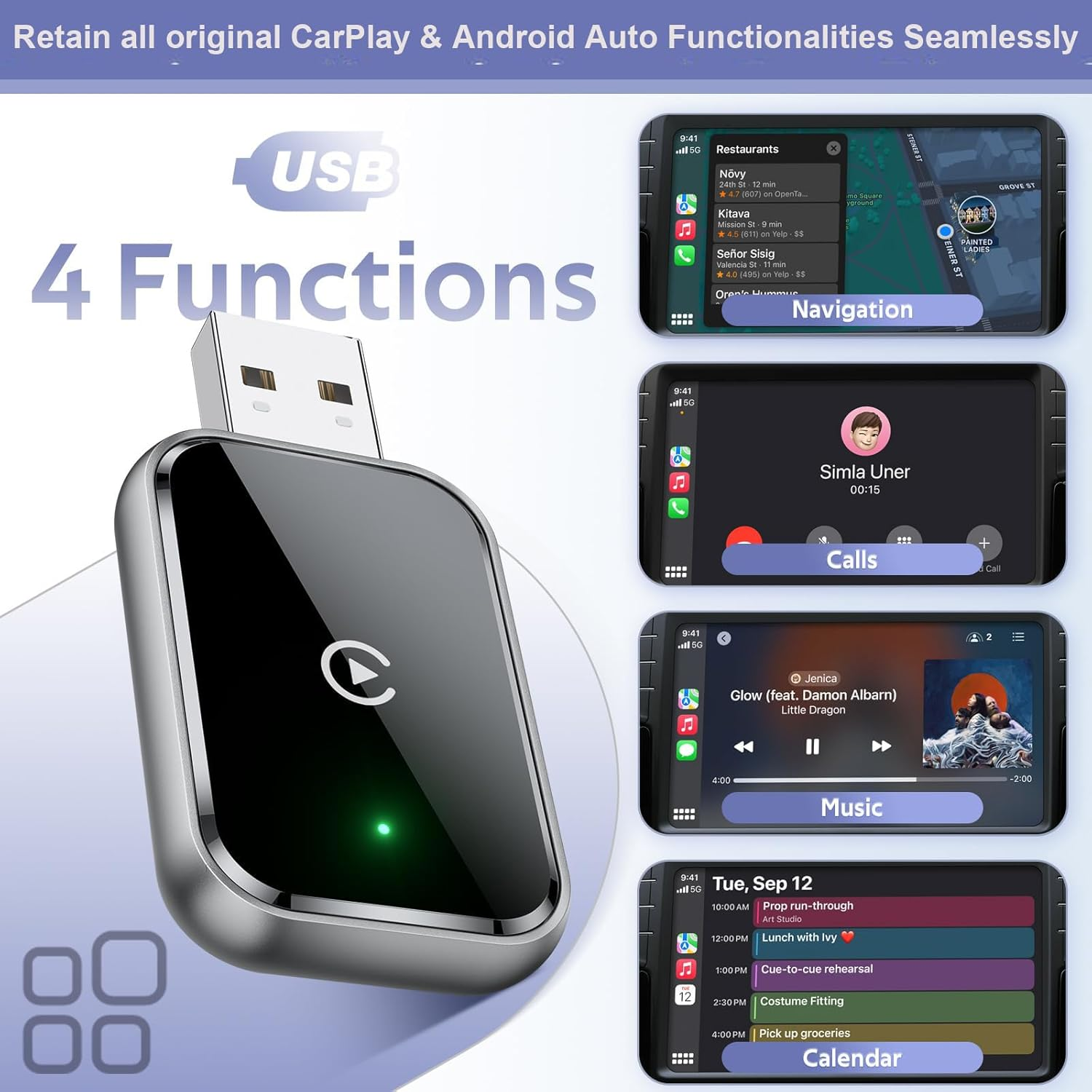 2 in 1 Wireless Carplay & Android Auto Adapter, Easily Convert Wired to Wireless Adapter,Fast and Stable Control with Mini Size, Equipped with Extension Cable USB-C Type-C image number 2