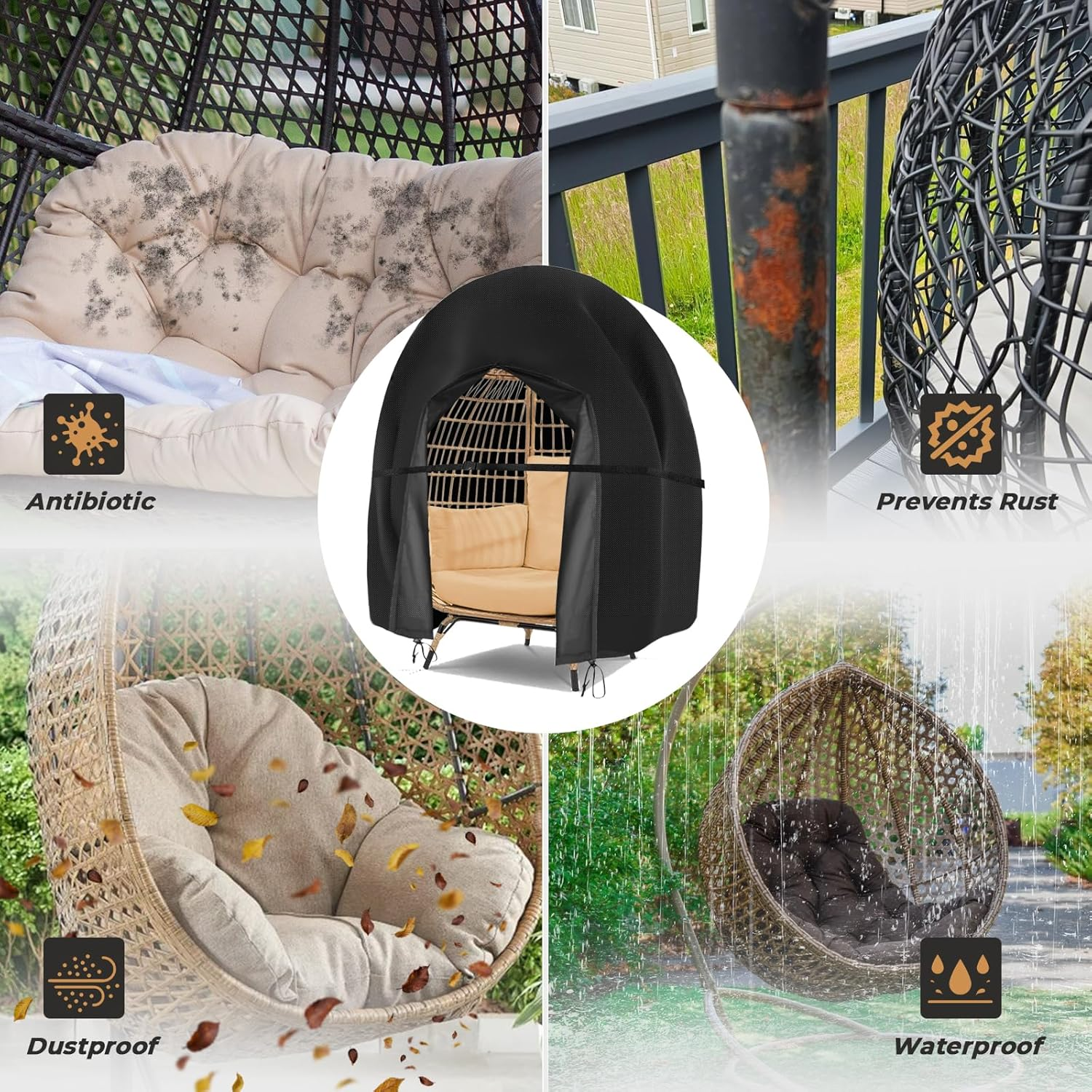 Wide Smile Double Egg Chair Cover Outdoor Waterproof Heavy Duty Garden Cocoon Wicker Patio 2 Seat Large Egg Swing Chair Pod Cover 420D Oxford Fabric with Zipper and Drawstring 230X200Cm Black image number 3