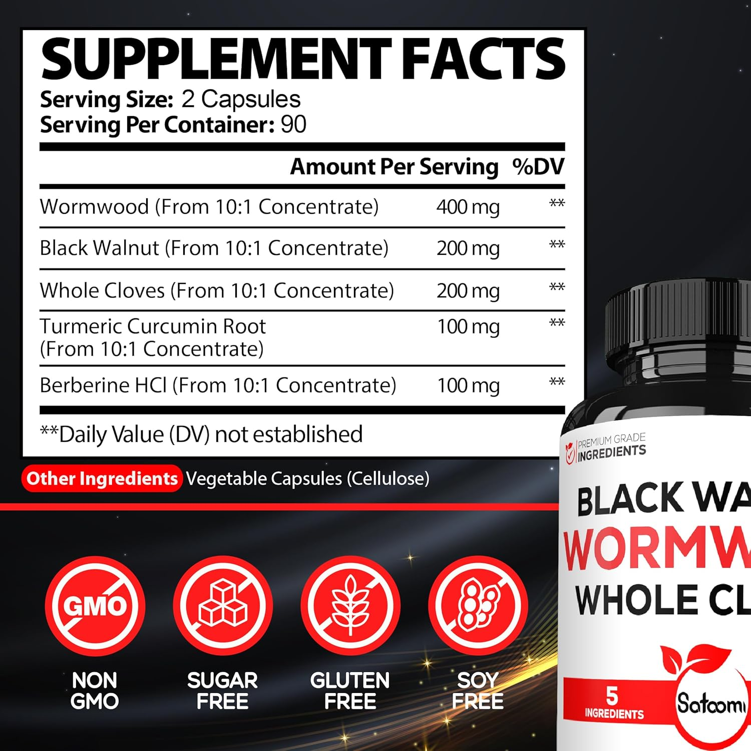 5In1 Wormwood Capsules Supplement - Extracted from Black Walnut, Whole Cloves, Turmeric and Berberine Hcl - 180 Count - 90 Day Supply image number 3