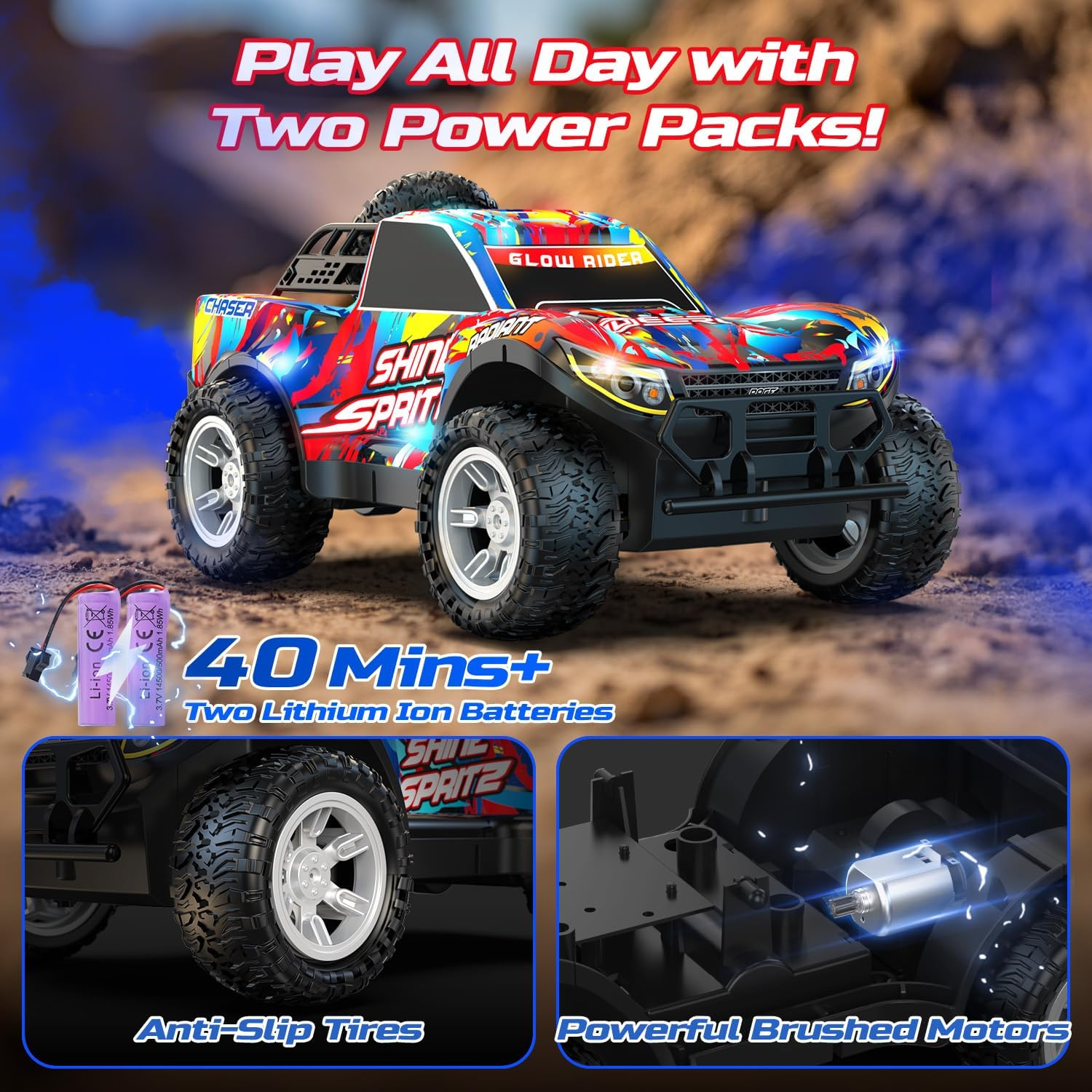 DEERC Remote Control Car for Boys & Girls Ages 4-8, Spray RC Truck with Music & Colorful LED Lights, 2.4Ghz All-Terrain Drift Vehicle, 2 Rechargeable Batteries, 40 Mins Playtime, Birthday Toy for Kids image number 2