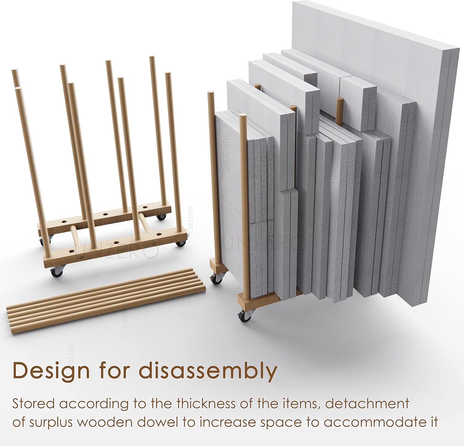 UNZERO Art Storage Rack with Caster Wheels, Wood Storage Stand for Canvas Boards, Panel, Frame, Drawing Board, Printed Matter, Paper Pad, Backing Plate (UN-DD-5D)