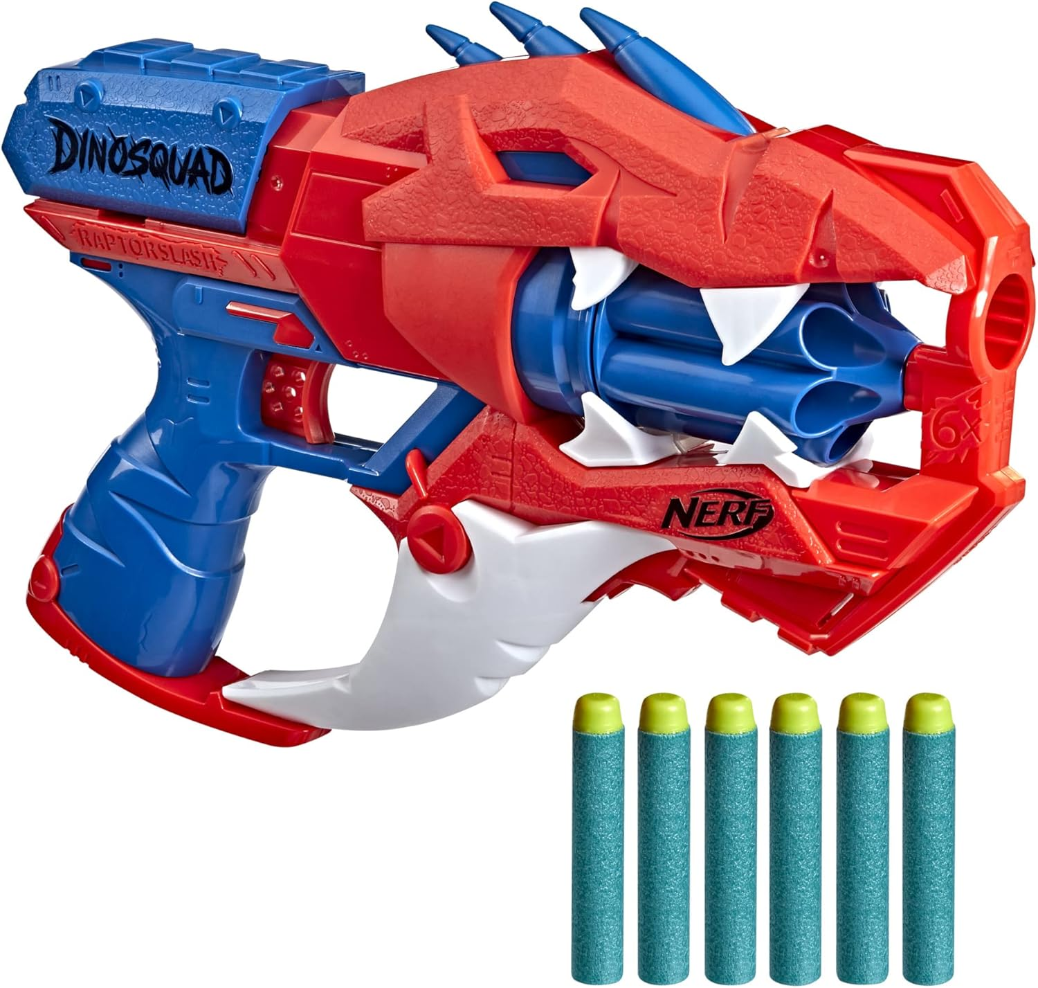 Nerf Dinosquad Raptor-Slash Dart Blaster, 6-Dart Rotating Drum, Slam Fire Action, 6 Official Nerf Elite Darts, Velociraptor Dinosaur Design image number 1