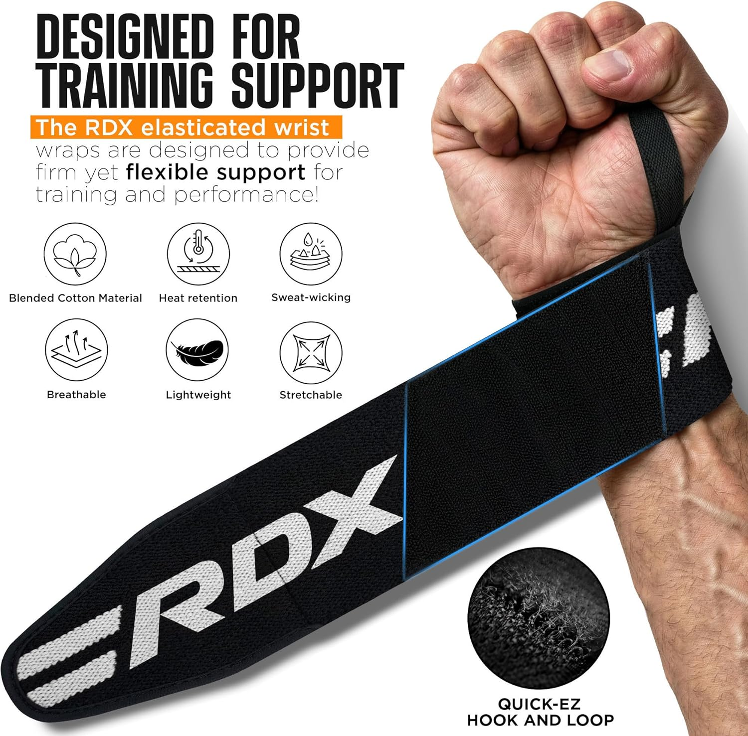 RDX Weight Lifting Wrist Support Wraps, IPL USPA Approved, Elasticated Pro 18&rdquo; Cotton Straps, Thumb Loop, Powerlifting Bodybuilding Fitness Strength Gym Training WOD Workout, Gymnastics Calisthenics image number 2
