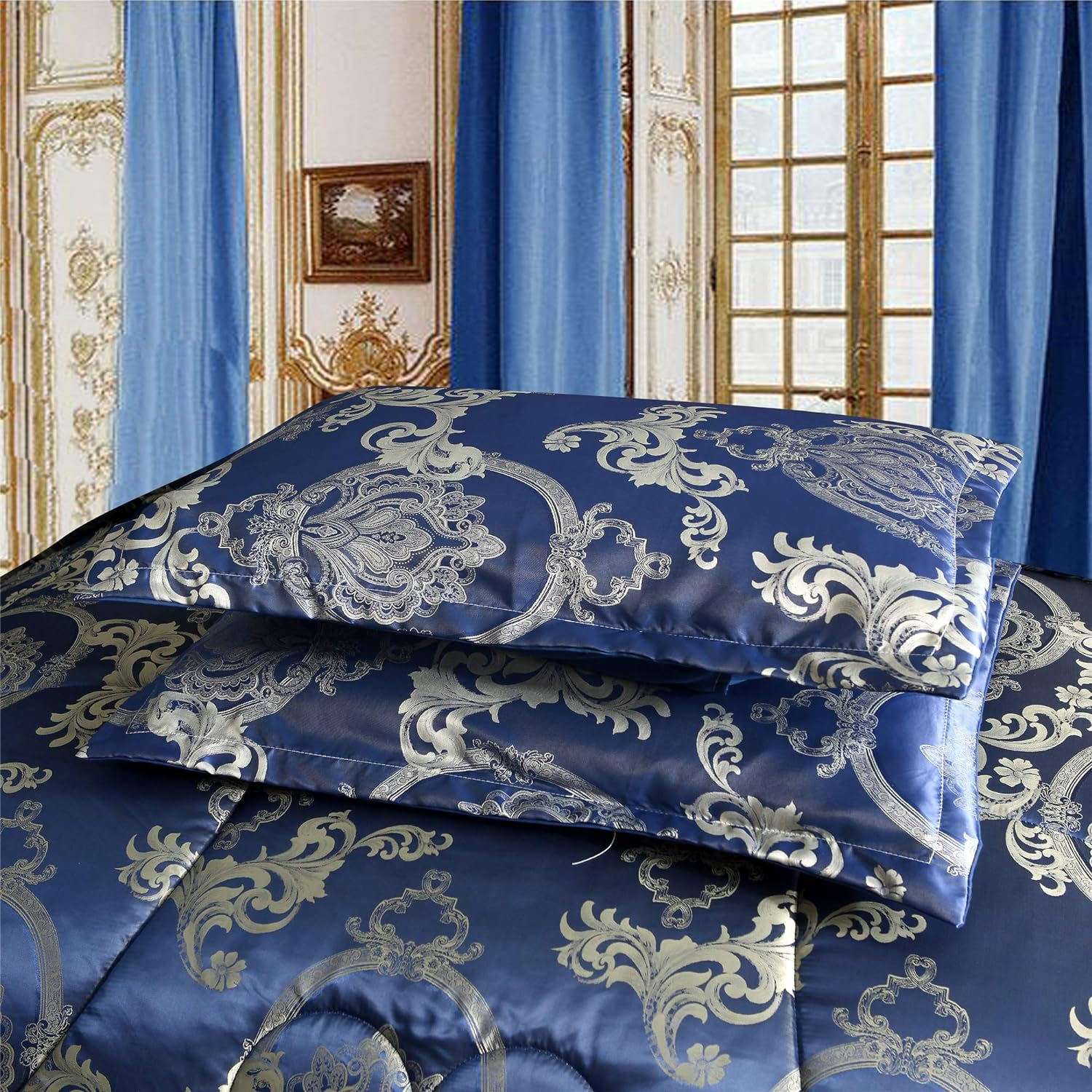 Raytrue-X King Comforter Set Silk Blanket All Season Bed Comforter King Set Royal Blue Jacquard Quilt Soft Microfiber Bedding Sets Matching 2 Pillow Shams(King, 104X90 Inches) image number 2