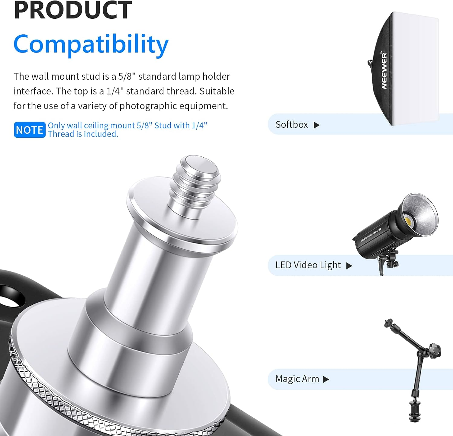 NEEWER Ceiling Mount, Wall and Ceiling Mount Adapter with 5/8&rdquo; Stud and 1/4&rdquo; Screw for Ring Light, Studio Monolight, LED Video Light, Projector & Microphone, Max Load: 44Lb/20Kg image number 1