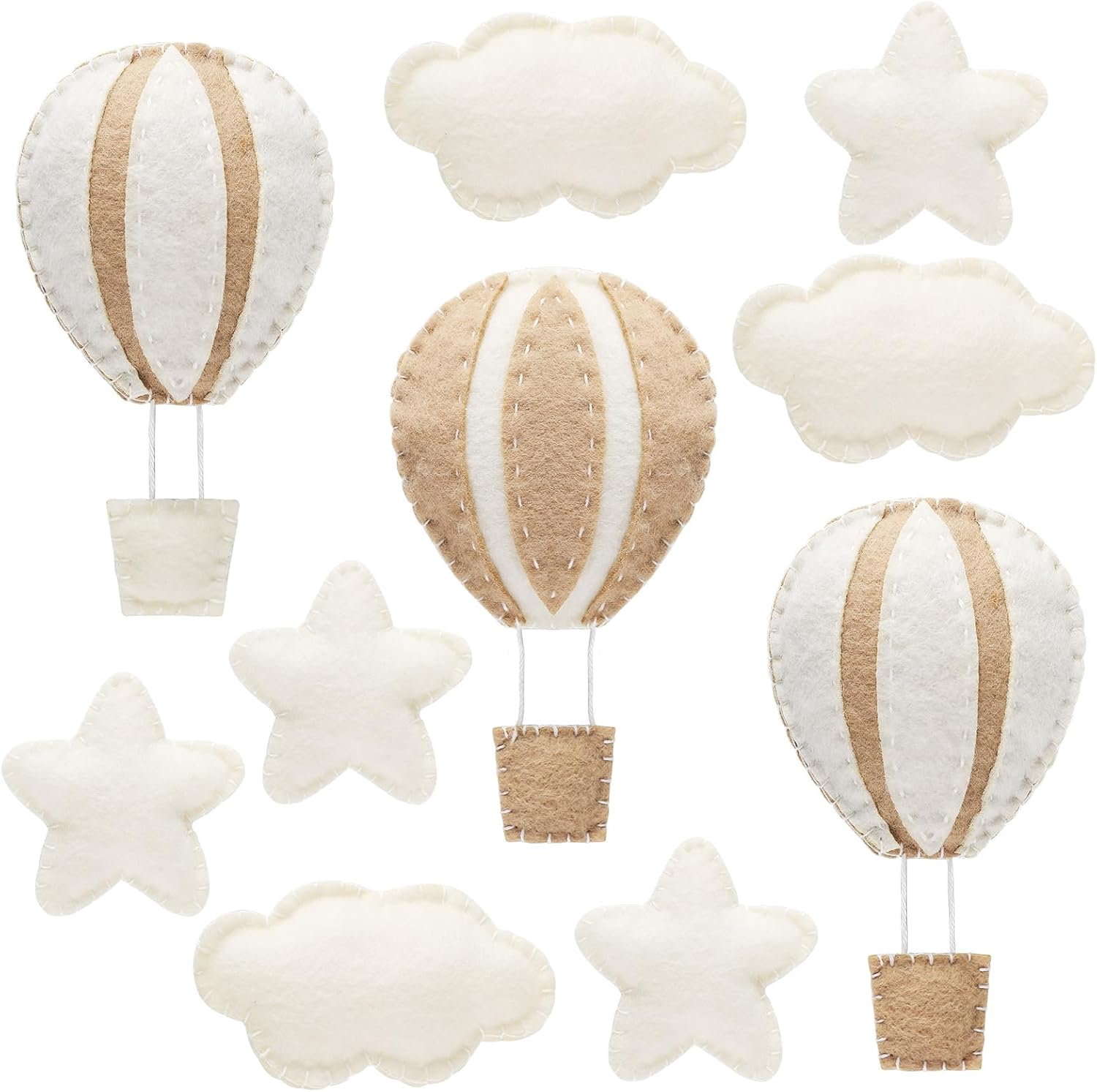 Poen 10 Pcs Star Hot Air Balloon and Cloud Nursery Wall Decor for Bedroom - Mini Felt Clouds Stars Western Decor for Kids Baby Room (Khaki)
