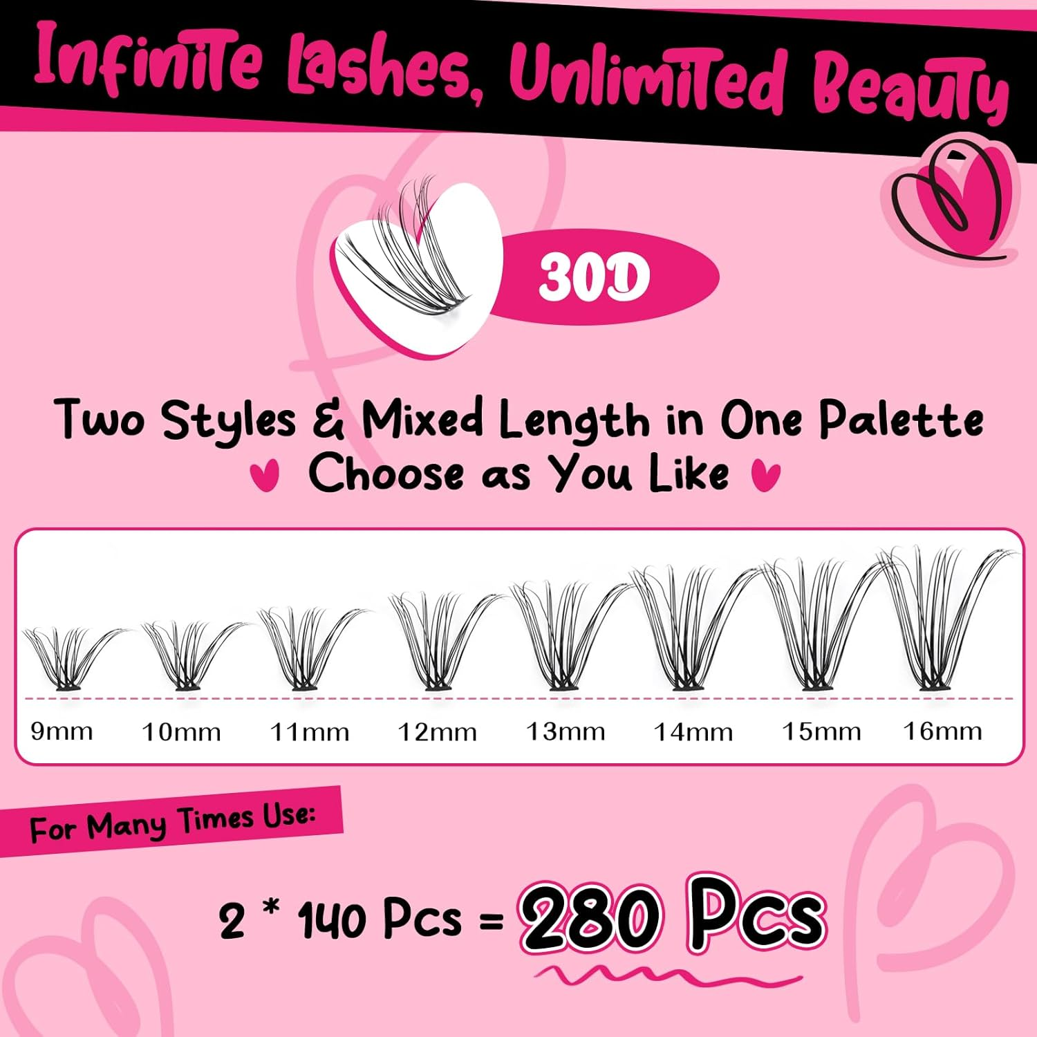 PRO 280Pcs Lash Clusters Kit DIY Lash Extension Kit Eyelash Extension with Lash Bond and Seal Applicator Brush Individual Lashes Kit Various Styles Easy to Apply at Home (30D-9-16Mix) image number 3