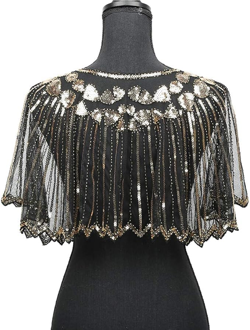 Women'S 1920S Shawl Wraps Beaded Sequin Cape Evening Flapper Cover Up image number 5
