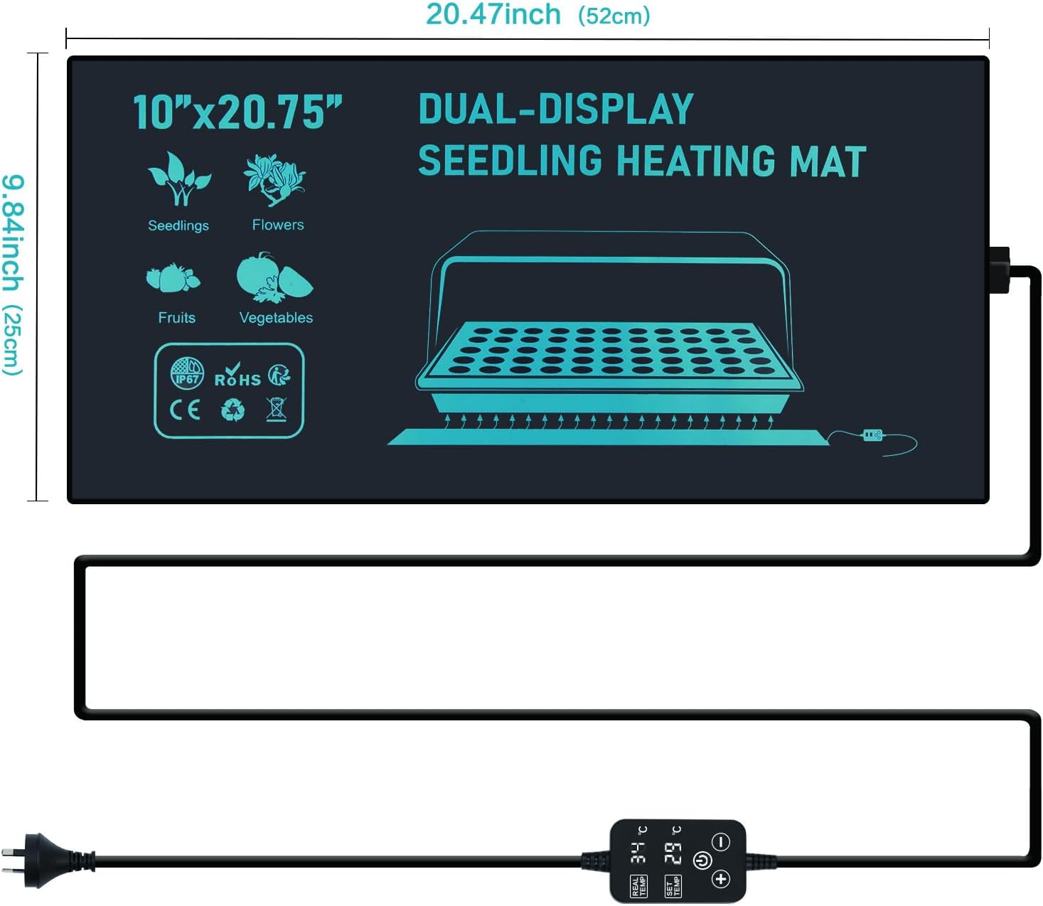 30W Seedling Heat Mat with Thermostat Control 52X25Cm Heating Pad Waterproof for Plant Germination Hydroponics Indoor Seed Starting Digital Thermostat Control Monitor Indoor Thermometer image number 5
