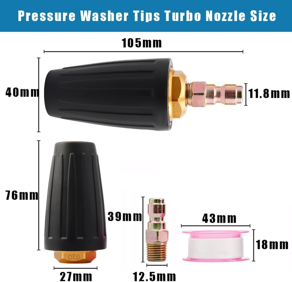 Yakamoz High-Pressure Washer Tips Turbo Nozzle, 360&deg; Rotating Spray Turbo 3600 PSI 4.0GPM with 1/4" Quick Connector for Pressure Washer image number 2