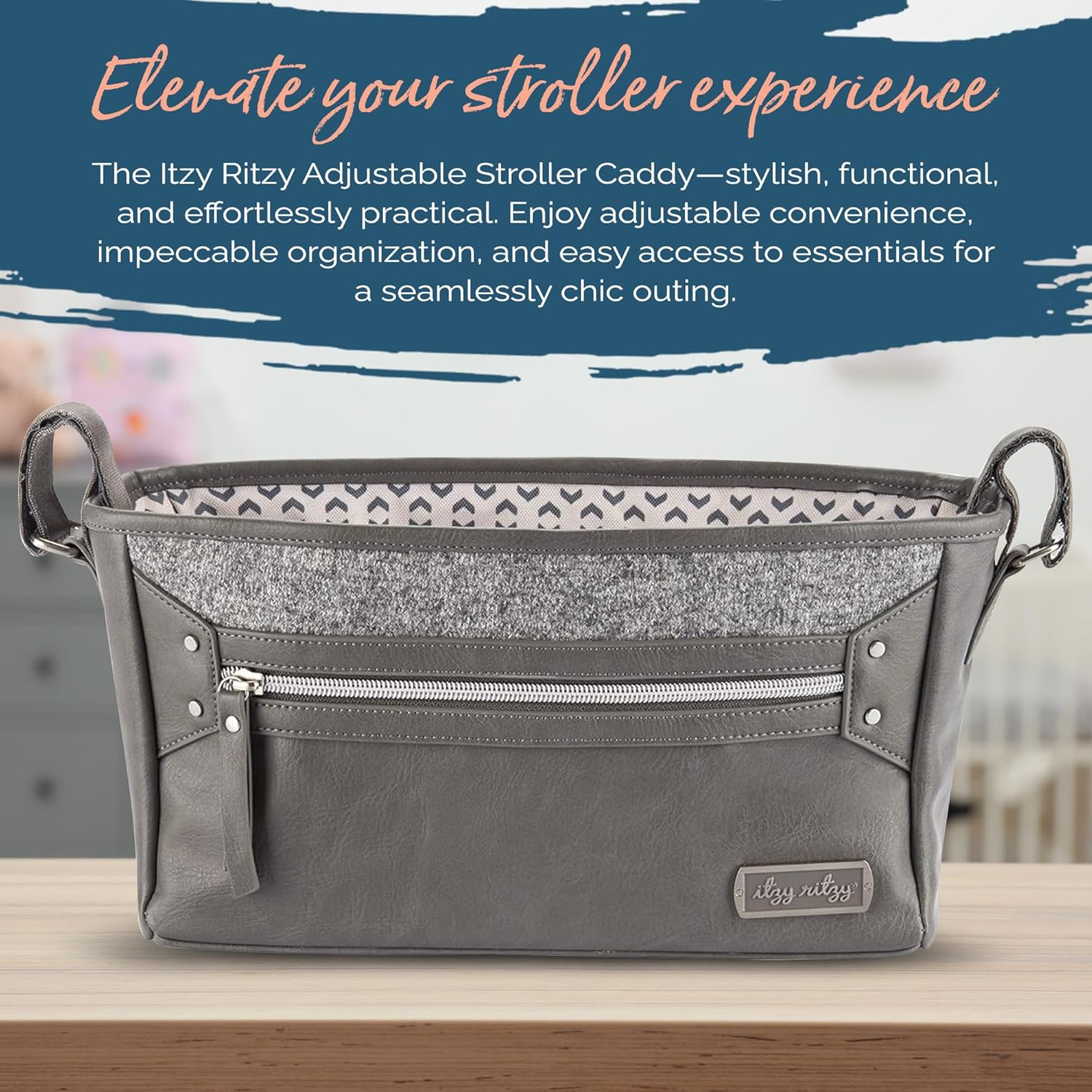 Itzy Ritzy Adjustable Stroller Caddy, Stroller Organizer Featuring Two Built-In Pockets, Front Zippered Pocket and Adjustable Straps to Fit Nearly Any Stroller, Grayson image number 4