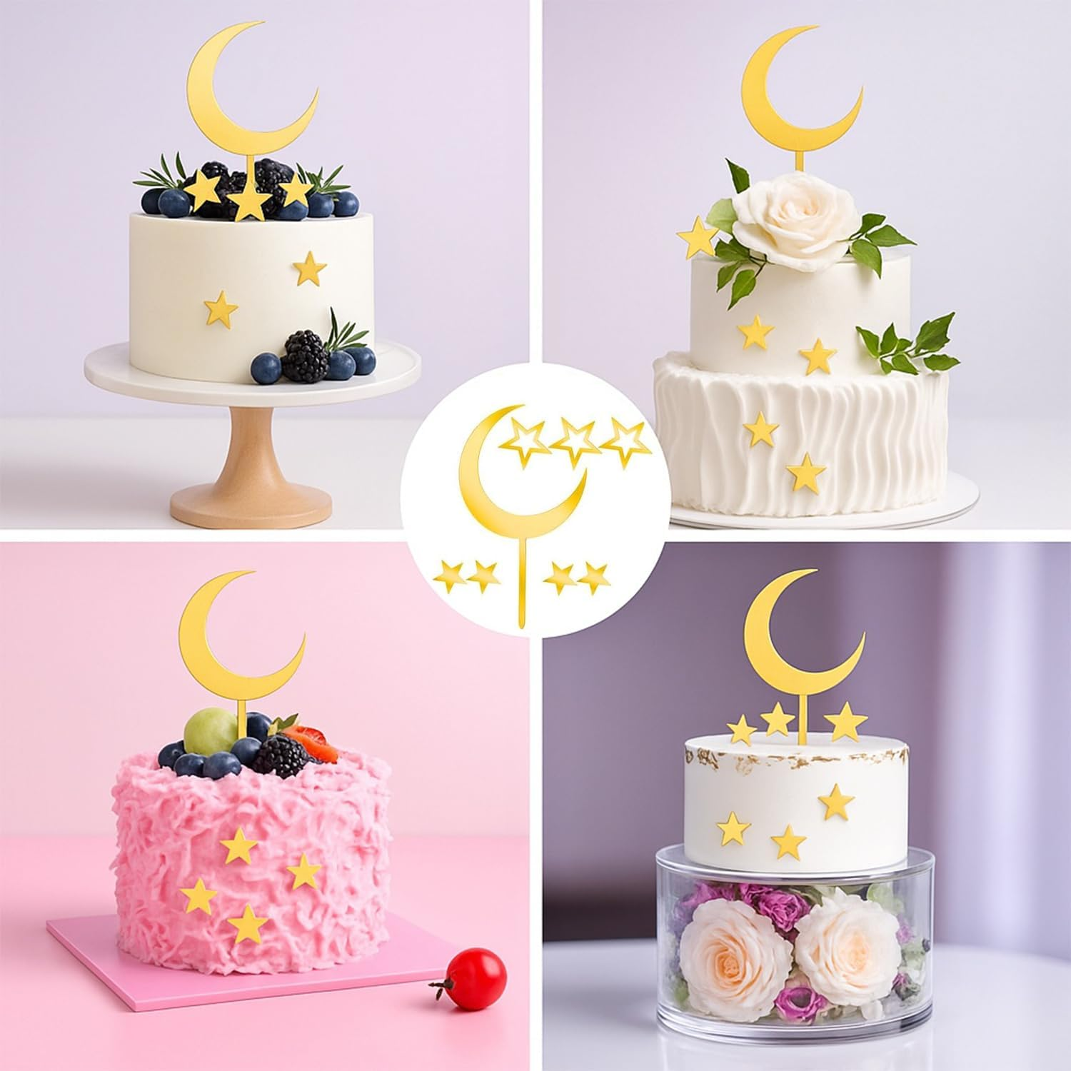 Moon Star Cake Toppers, Acrylic Glitter Gold Decoration for Baby Shower, Wedding, Birthday Party, Mirror Gold Finish, Star and Moon Design - Ermaoo image number 4