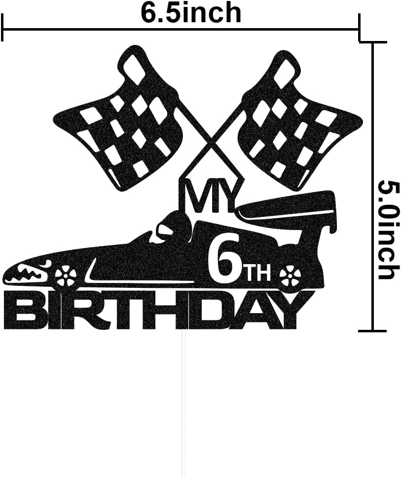 SWEETTALA Racing Car 6Th Cake Topper for Race Car Checkered Flag Themed Kids Boy Girl 6 Years Old Birthday Party Decorations Black Glitter (My 6Th Birthday) image number 2