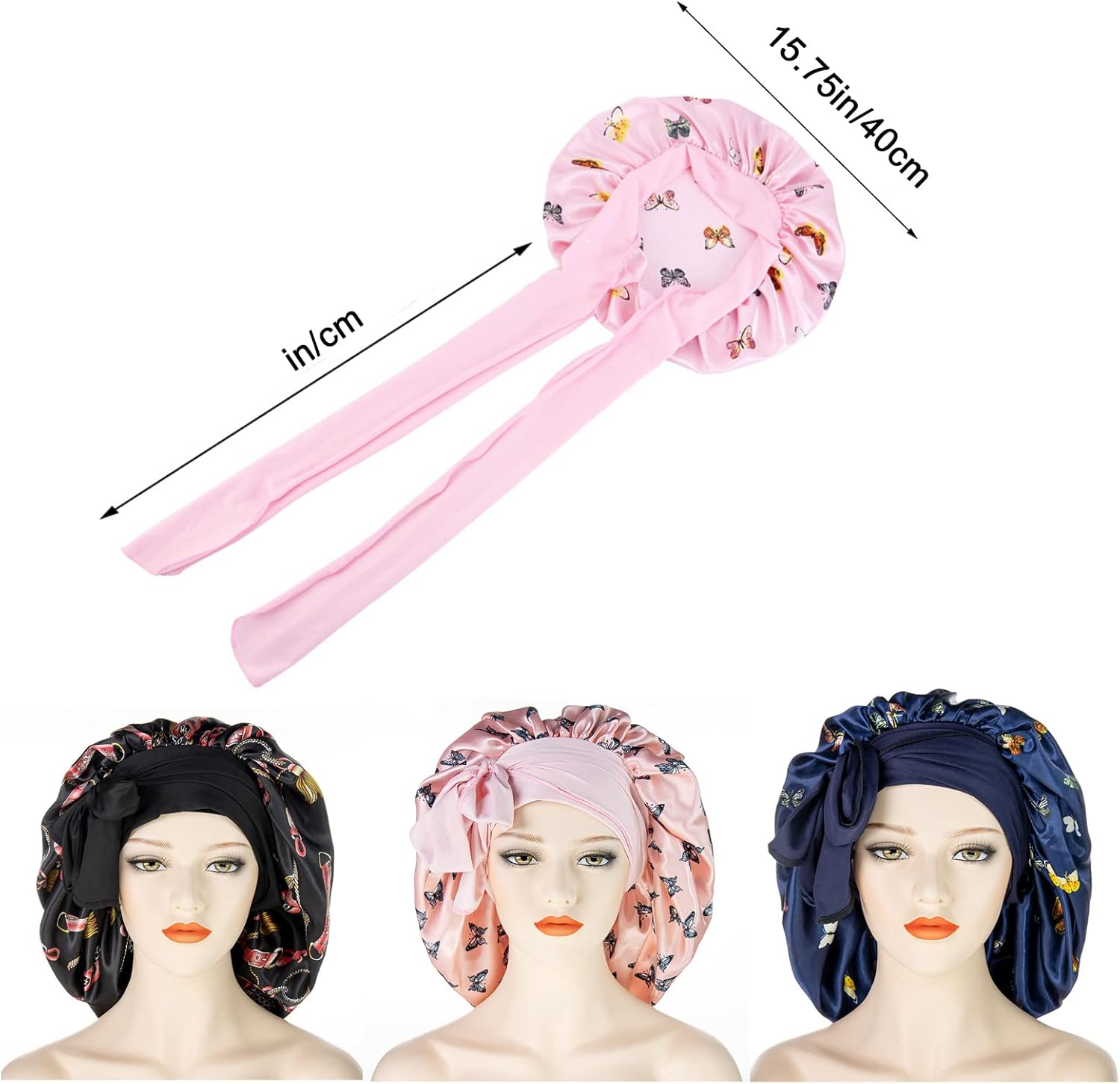 MUFEKUM Hair Bonnet for Sleeping, Printing Satin with Stretchy Tie Band Edge Wrap, Wide Band Silk Large Night Sleep Cap for Women Girls Hair Care - Pattern Navy image number 2