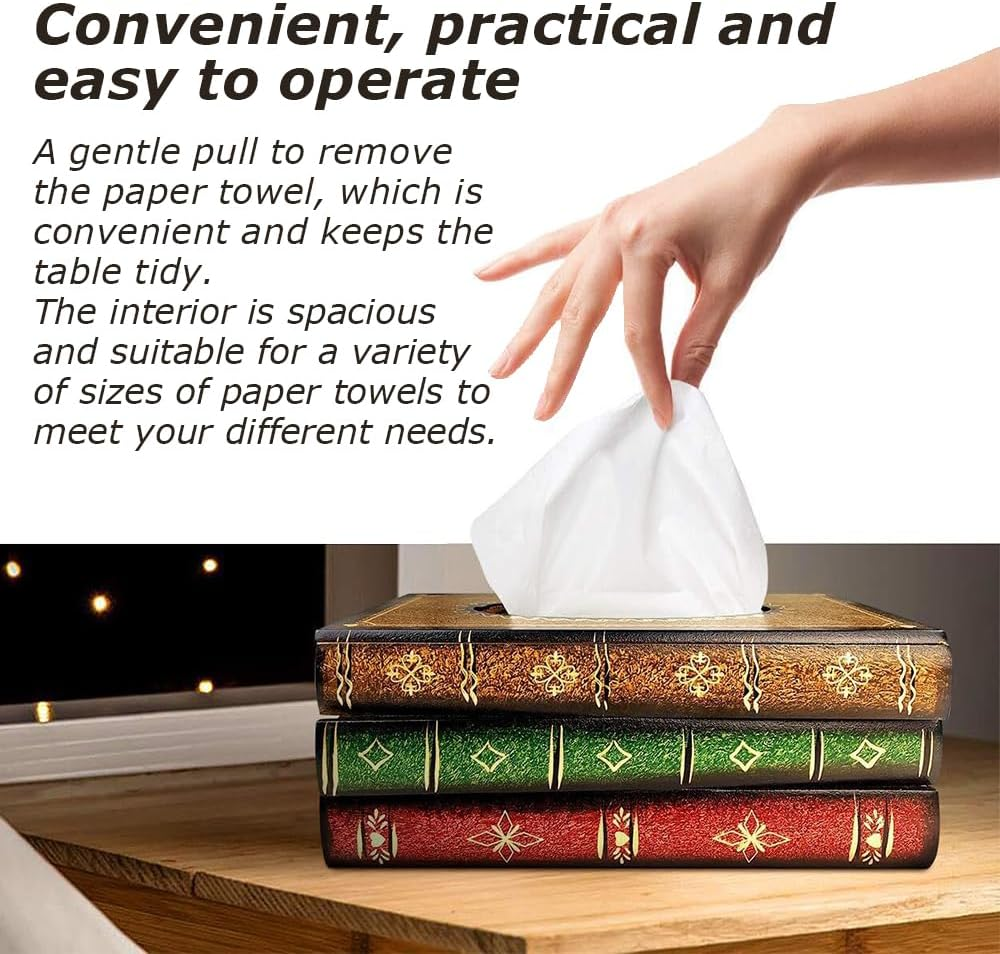 Square Tissue Box Holder with Durable Material, Antique Book Tissue Holder Dispenser, Retro Wooden Antique Book Tissue Box, Decor for Bathroom, Living Room, Office, Car, Kitchen image number 1