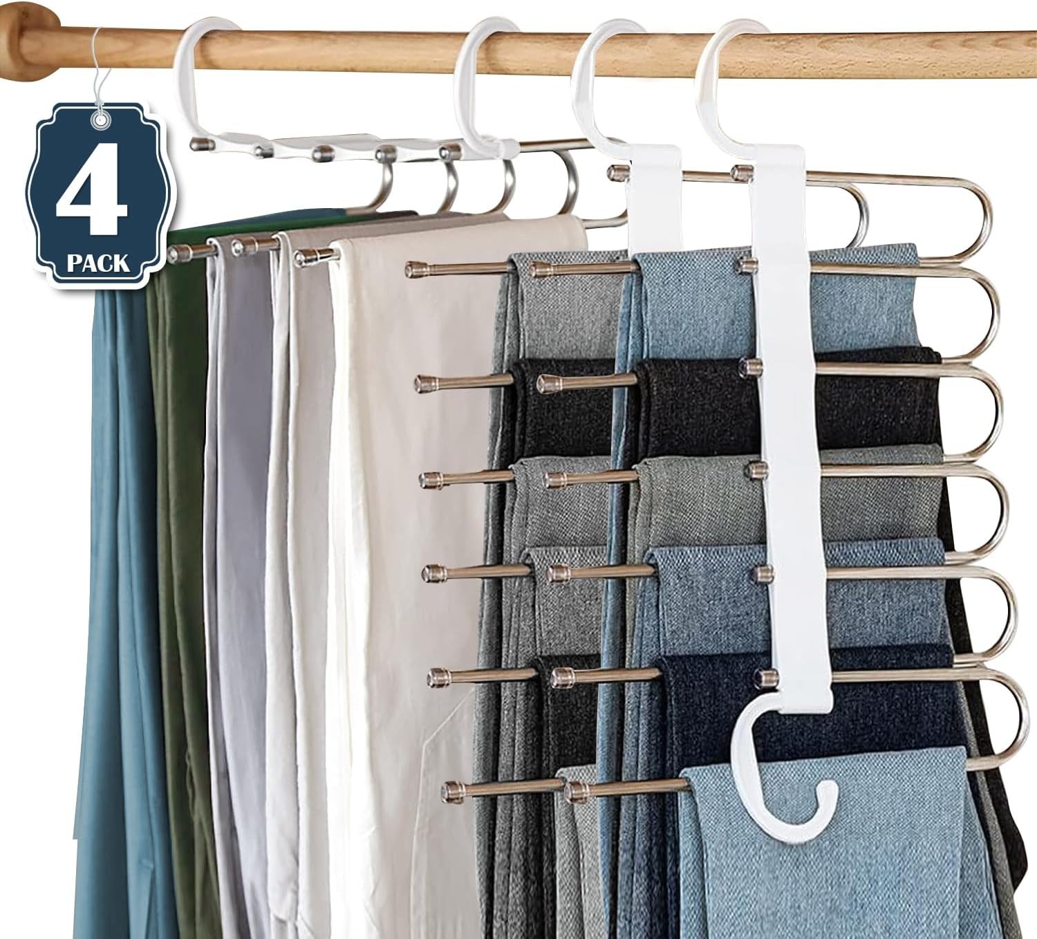 DAWNTREES 3 Pack 6 in 1 Pants Rack,Pants Hangers, Trouser Hanger,Adjustable,Non-Slip, Space Saving Multi-Functional Pants Rack