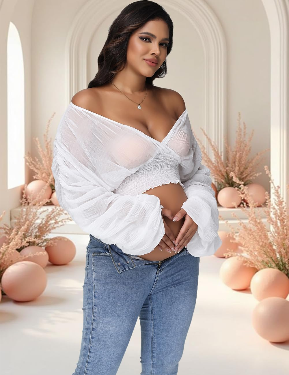 Justvh Women'S Maternity V Neck Chiffon Tunic Top Shirts for Photoshoot Puff Sleeves See-Through Casual Pregnancy Blouse image number 6