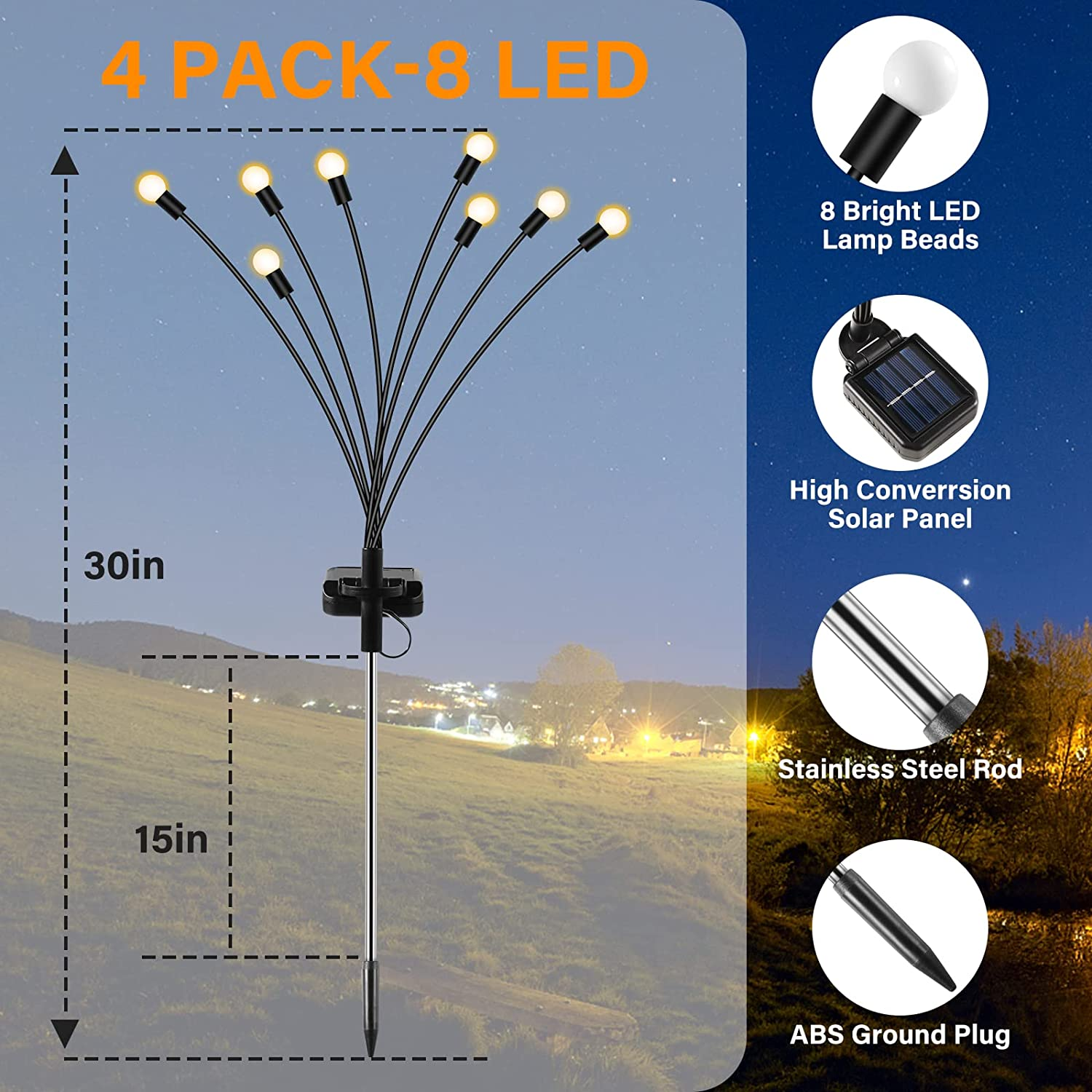 4 Pack Solar Garden Lights, New Upgraded 8 LED Firefly Waterproof Solar Powered High Flexibility Swaying Outdoor Lights for Pathway Yard Walkway Patio Decoration, Warm White image number 1