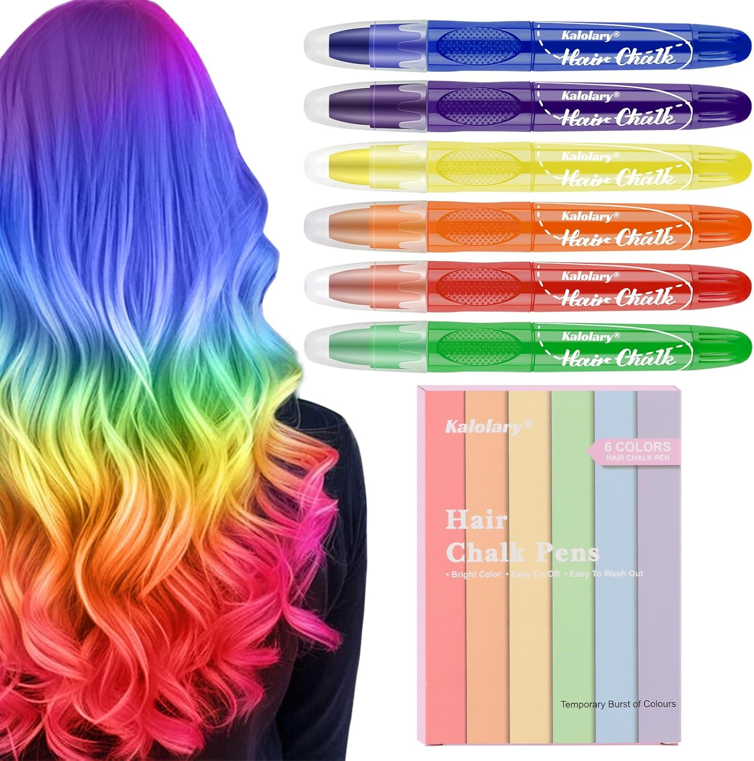 Kalolary 6 Color Hair Chalk Temporary Hair Color- Hair Color Pens Washable Color Dye Markers for Kids Girls Hair Dyeing Party, Cosplay, Halloween, Christmas image number 1