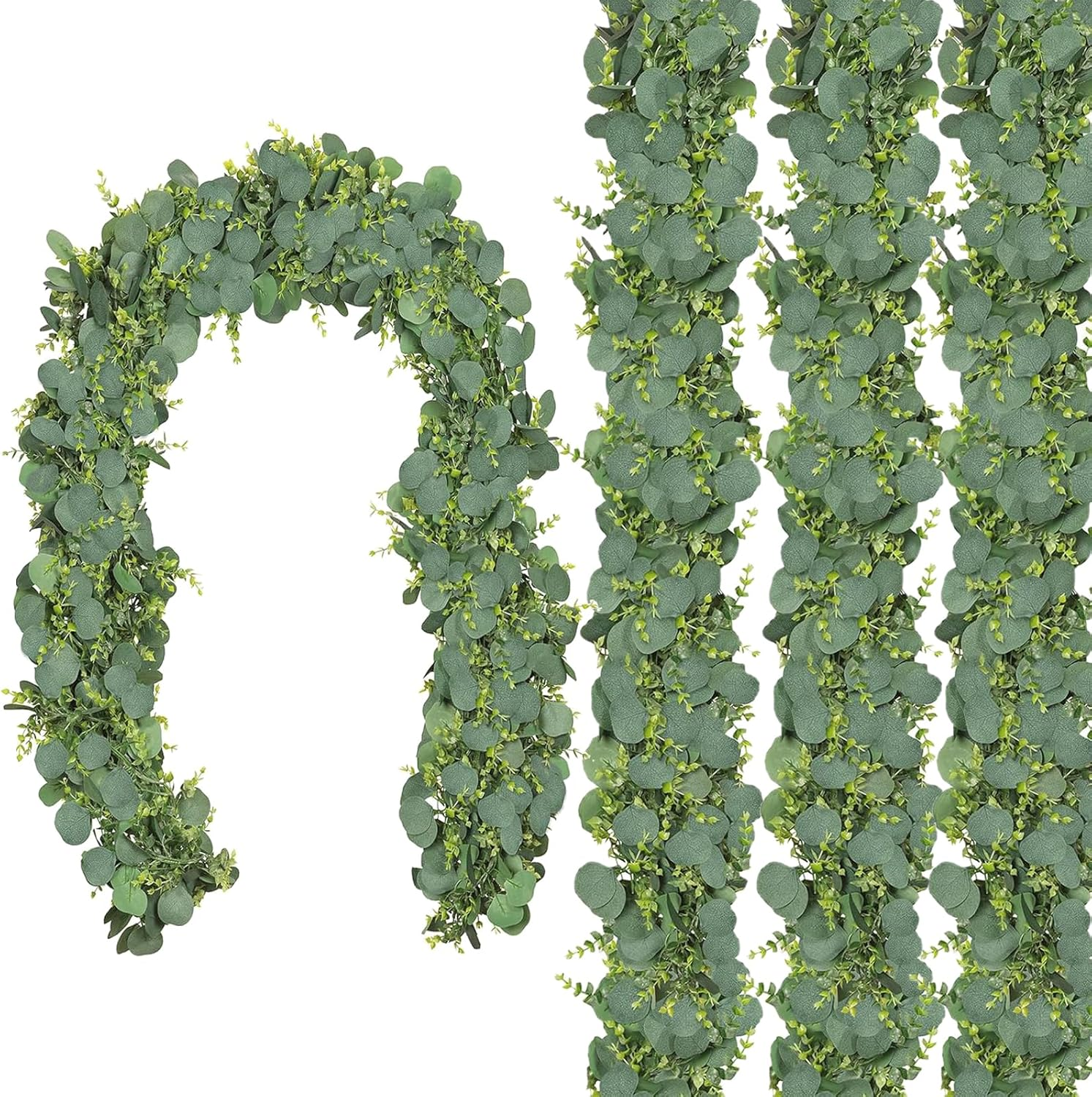 Faux Eucalyptus Garland Plant, 4 Pack Artificial Vines Hanging Eucalyptus Leaves Greenery Garland for Wedding Backdrop Arch Wall Decor, 5.5 Feet/Pcs UV Protected (Green with Spary White)