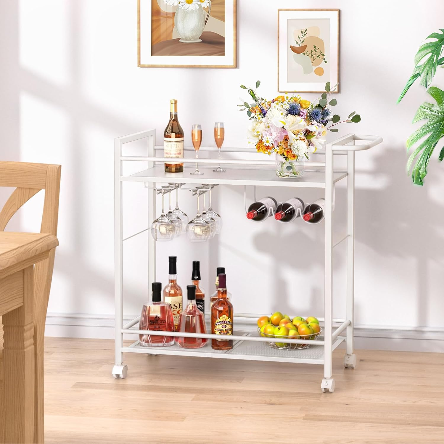 LELELINKY White Serving Trolley, Bar Trolley with Wheels, Modern Bar Cart with Storage Space, Wine Trolley with Wine Rack and Wine Glass Holder for Kitchen, Living Room & Dining Room image number 2