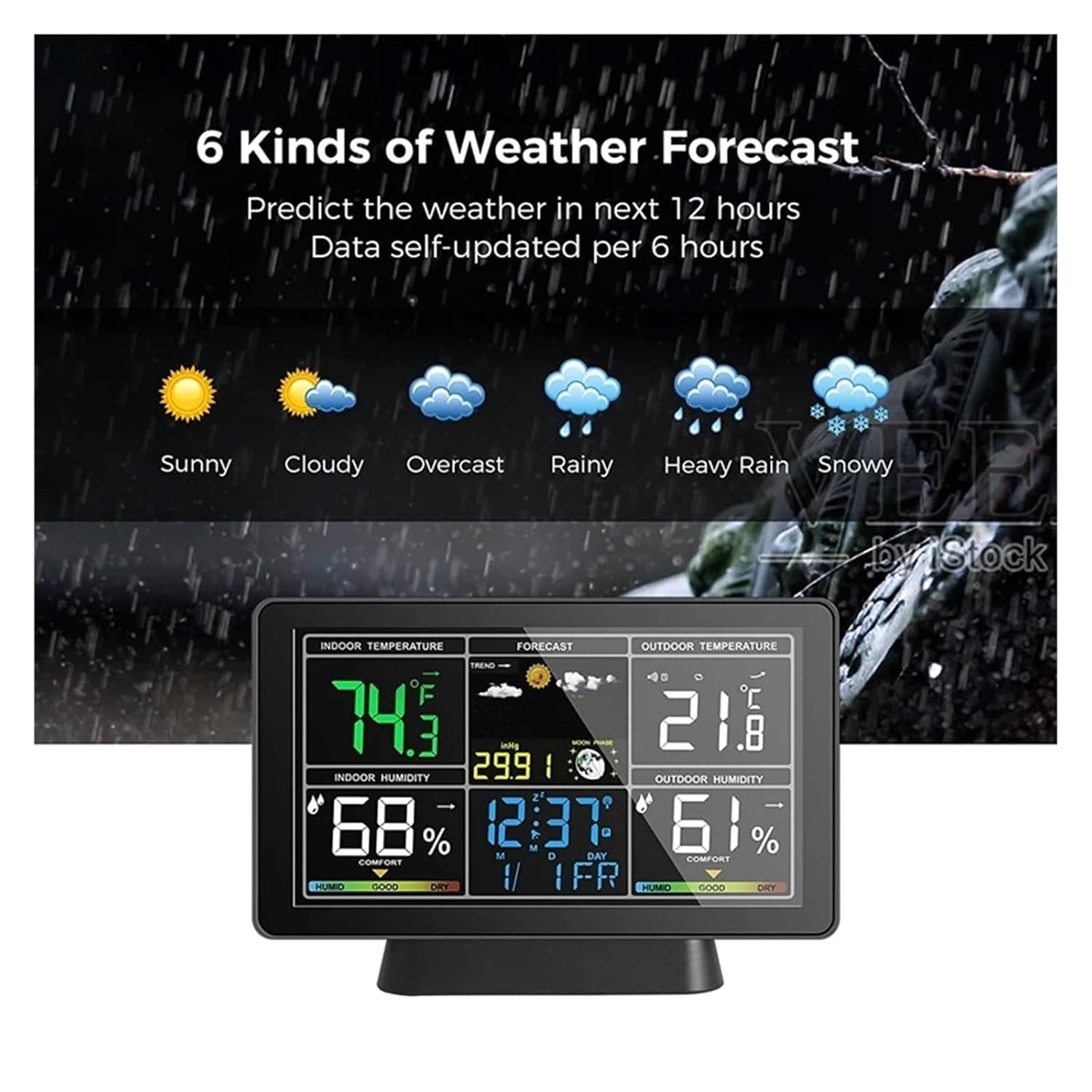 7.5" Color LCD Wireless Weather Forecast Station Digital Thermometer Hygrometer Trend Barometer Moon Phase Alarm Clock Calendar image number 4