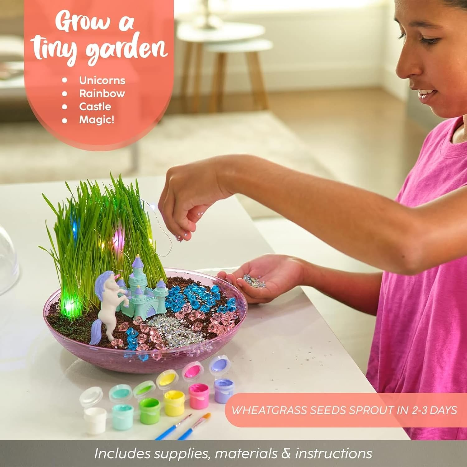 BRYTE Light up Unicorn Terrarium Kit - Blue & Pink round Plastic Dome, Ages 4-12 - Fairy Garden Kids Kit with Seeds & Terrarium Rock image number 6