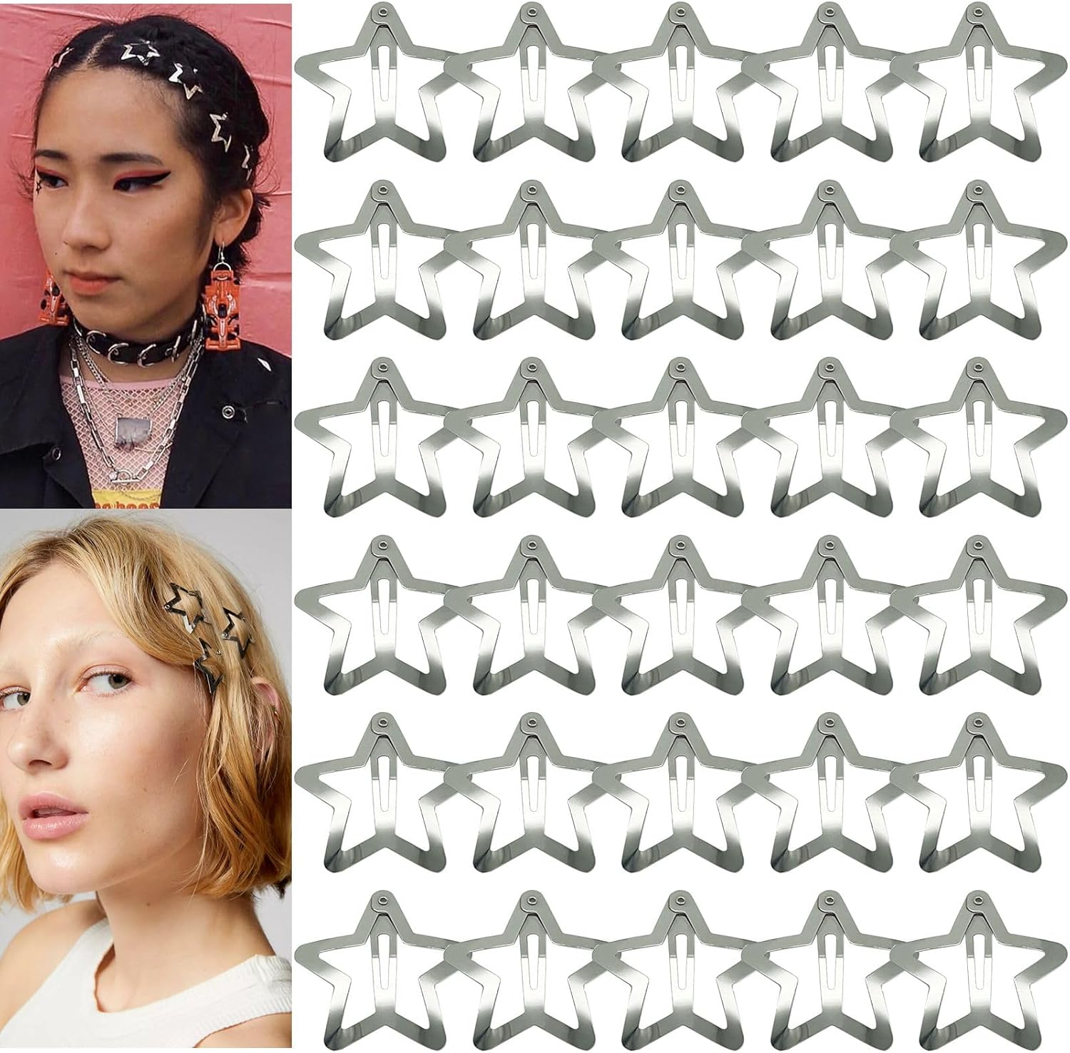 GKETN 30 PCS 1.22" Star Hair Clips Snap Hair Barrettes Non Slip Star Hair Accessories for Girls Women 2000S Y2K Silver Metal Hair Clips image number 5