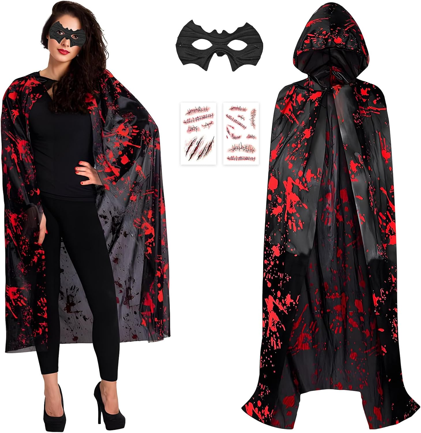 Adult Halloween Vampire Witch Cloak + Mask + Tattoo Stickers 2 Pieces (Style A, One Size) image number 1