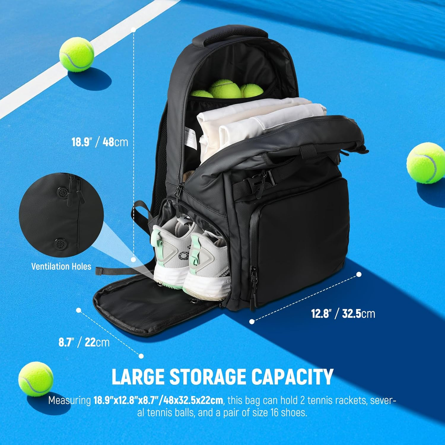 NEEWER Tennis Bag for Men/Women, Hold up to 2 Rackets, Water Resistant 1000D PU Tennis Ball Pickleball Racquetball Backpack with Shoe Compartment, Side Pocket, Accessories Pockets, Fence Hook, TB02B image number 4