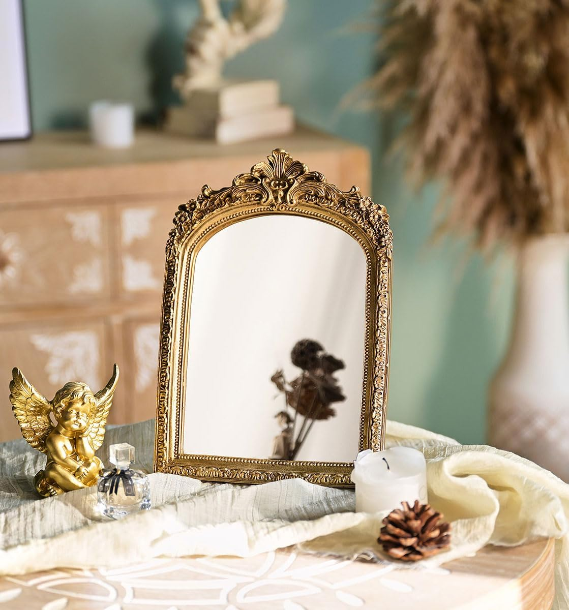 Small Gold Vintage Vanity Desk Makeup Mirror, Antique Decorative Wall Mirror, (12 X 19Cm) Resin Carved Arch Table Mirror with Stand for Living Room,Bedroom Dresser,Desktop Decor image number 3