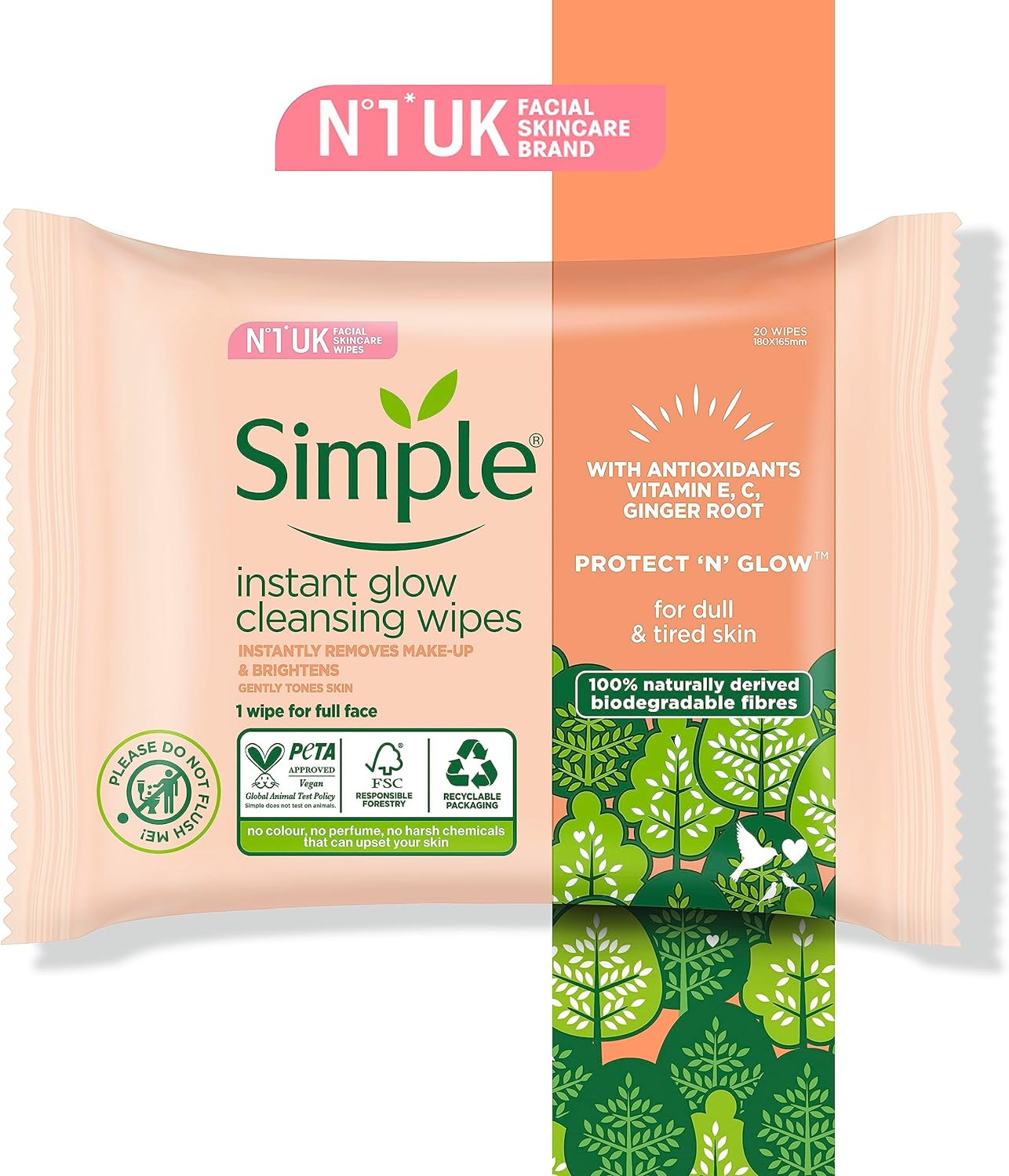 Simple Facial Wipes Protect N Glow Cleansing Bio 20 EA (Pack of 3) image number 4