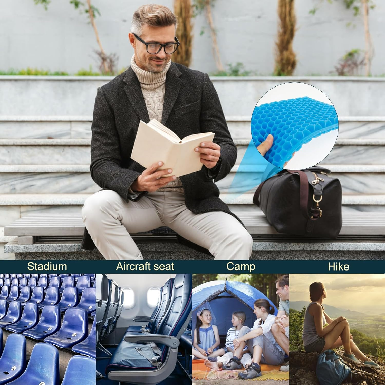 Foldable Gel Seat Cushion for Long Sitting Light Portable Seat Cushion Gel with Breathable Honeycomb Design Thick Gelseat Cushions Portable for Office Chair Car Stadium Airplane Travel (1Pc) image number 3