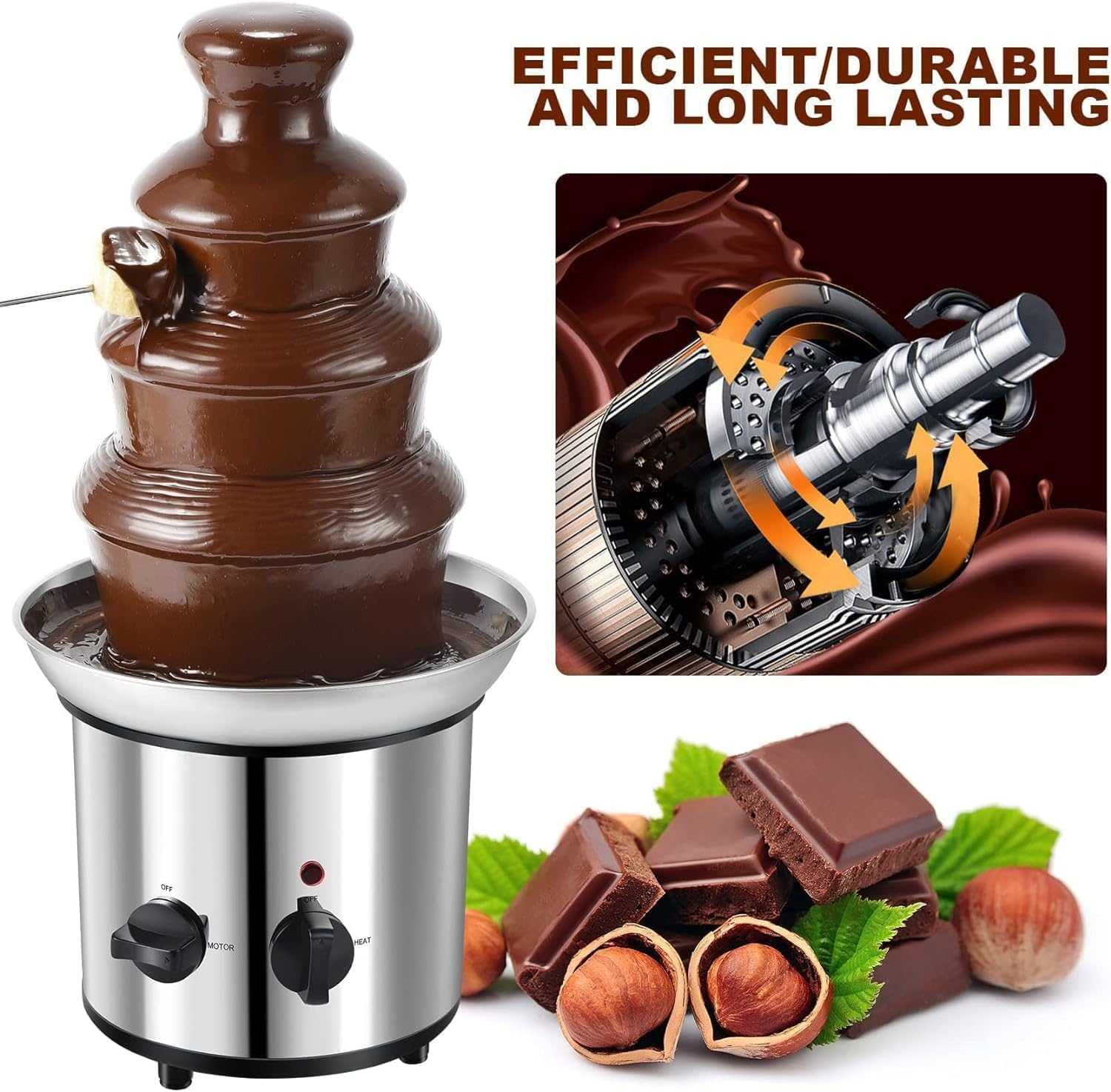Large Size Stainless Steel Chocolate Fountain Fondue Set Electric 4-Tier Machine with Hot Melting Pot Base 1800Ml Capacity, for Birthday Party, Family Gathering, Brown image number 3