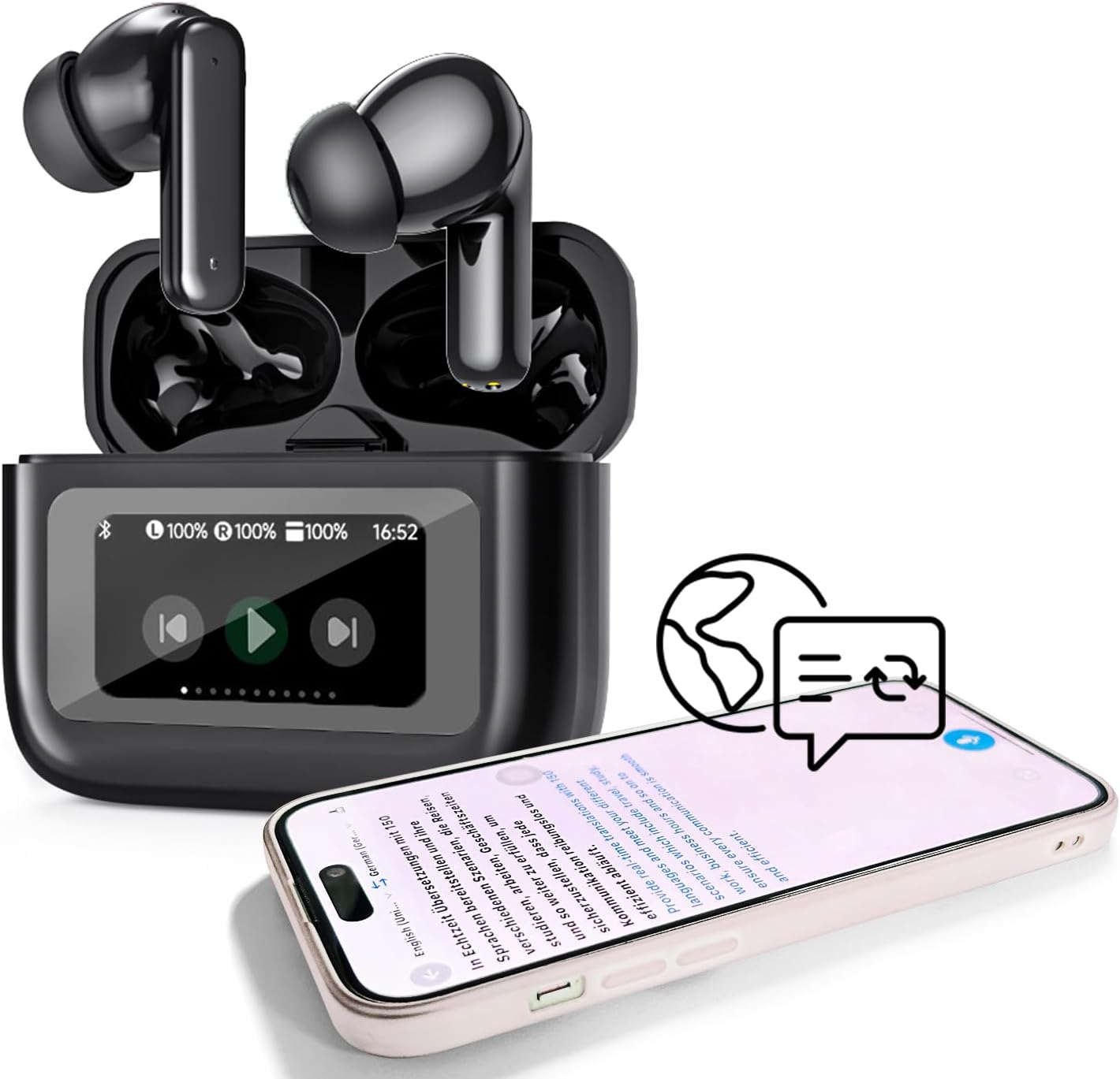 Xmenha AI Translation Earbuds with Screen Translator Headphones with Touchscreen Active Noise Cancelling in Ear ANC Wireless Translator Headphones Ear Buds Real Time Translator Headphones Translation