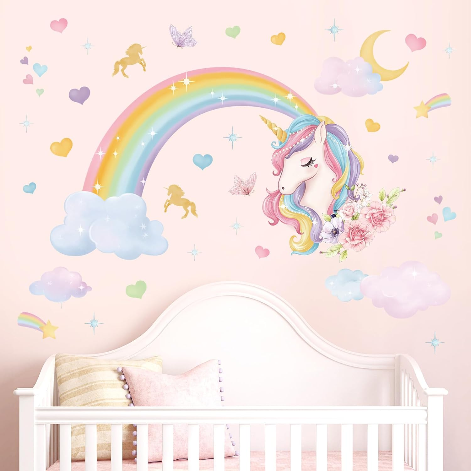 Wondever Rainbow Wall Stickers Unicorn Clouds Peel and Stick Wall Art Decals for Girls Bedroom Kids Room Baby Nursery