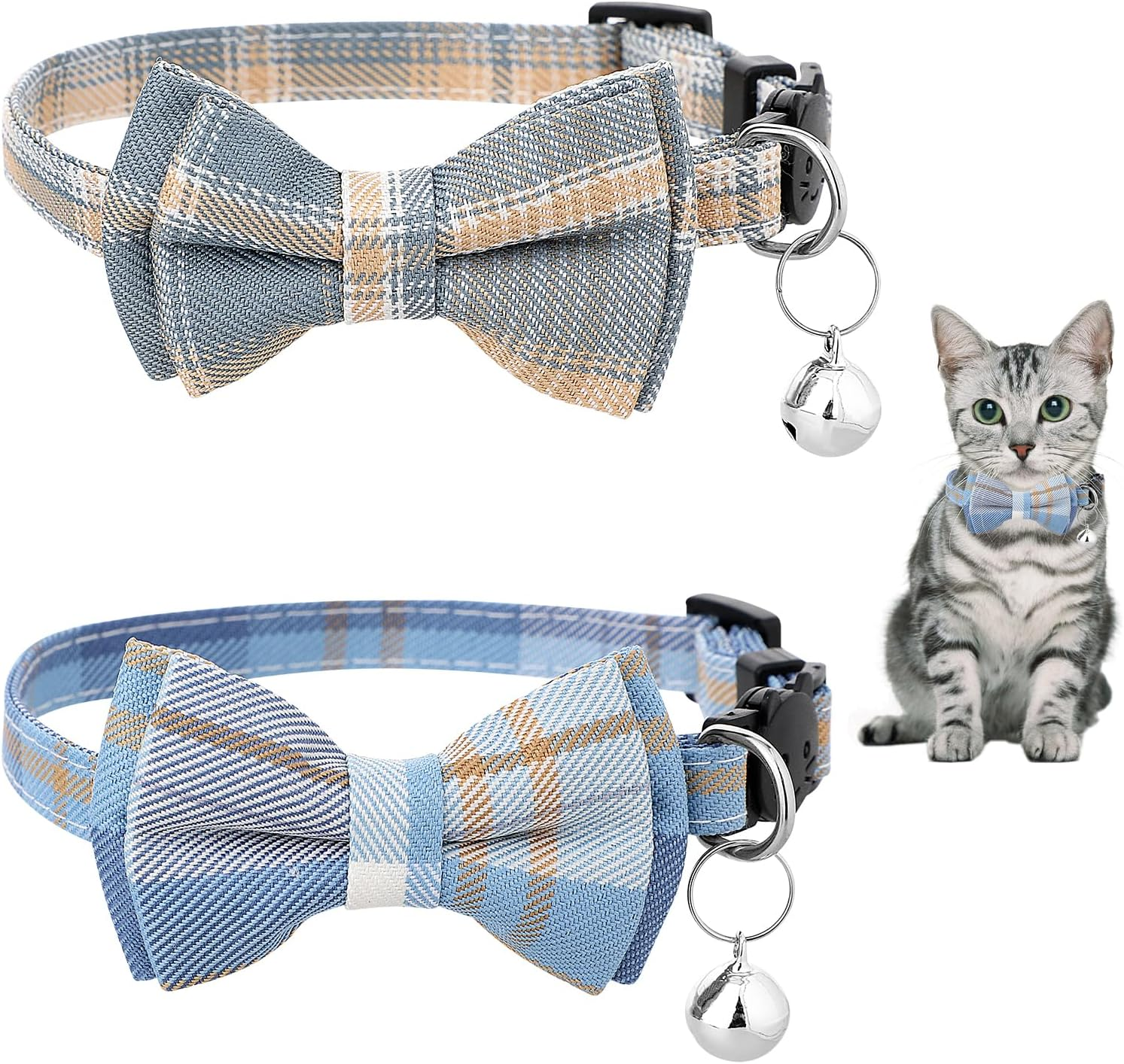 Pack of 2 Cat Collars with Bow Tie and Bell, Personalised Cat Collar, Removable Cat Collars, Adjustable Cute Collars, Quick Release Safety Collars for Cats Pets image number 3