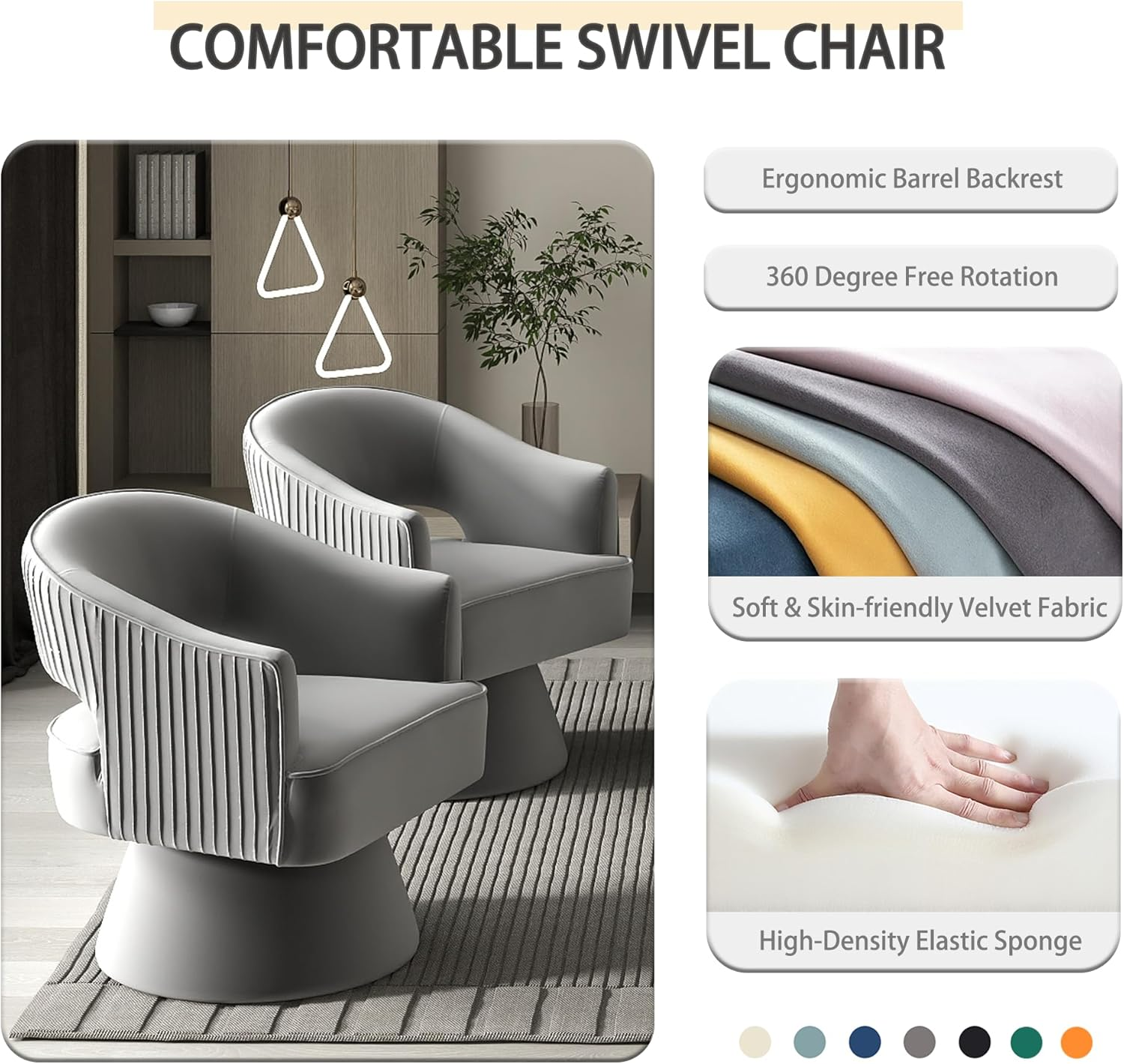 Mid Century Modern Swivel Accent Chair, 360 Degree Swivel Barrel Chair, Upholstered Lounge Chair Comfy Vanity Chair, Striped Velvet Armchair for Living Room Sofa, Bedroom, Reading Room(Gray) image number 2