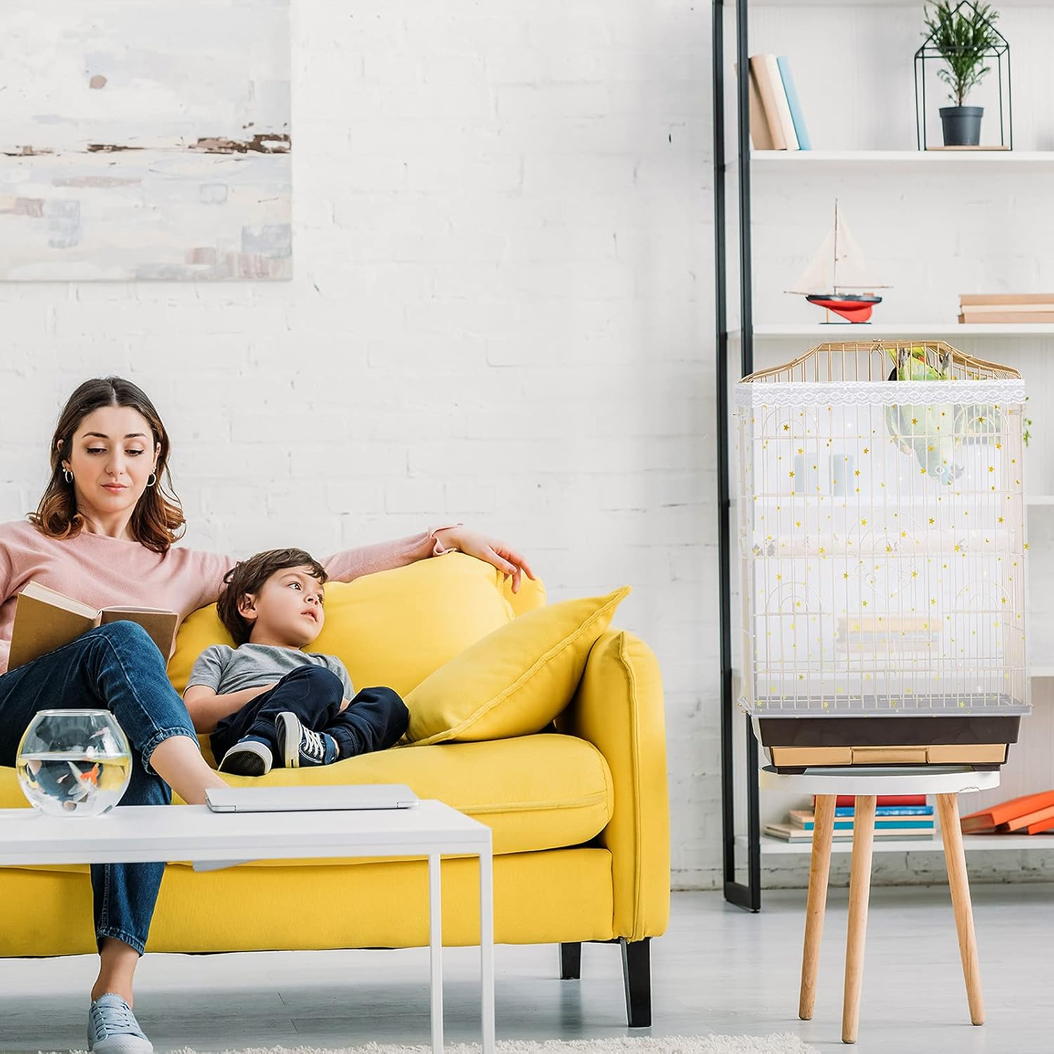 Large Bird Cage Cover Birdcage Nylon Mesh Net Cover Seed Feather Catcher Twinkle Star Universal Birdcage Cover Bird Seed Guard Skirt for Parakeet Macaw African Square Cage (White) - White image number 6