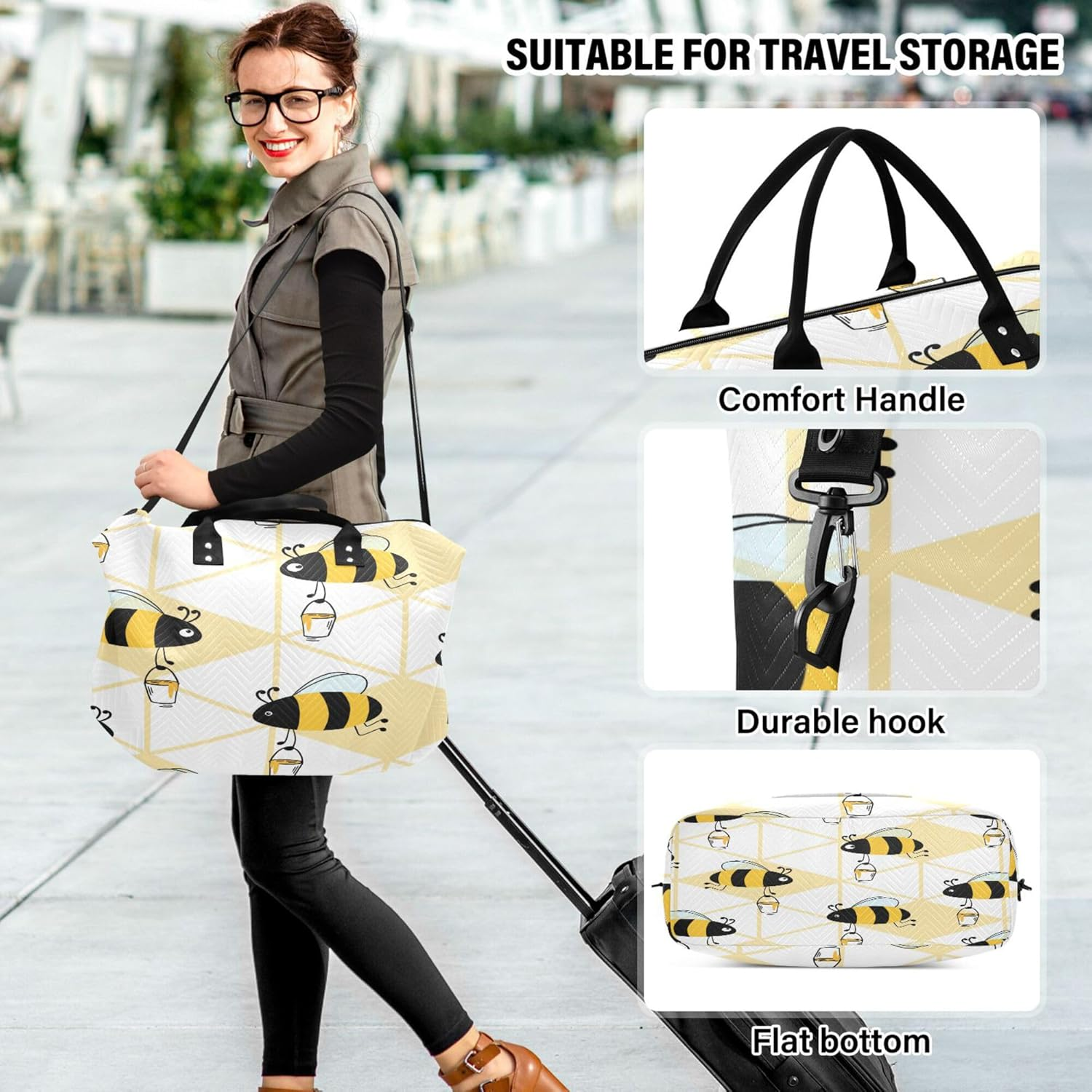 Travel Hand Bag Gym Sports Duffel Bags Travel Weekender Gear Bag with Toiletry Bag for Trip Multifunctional Funny Bees Curved Honey, Multi, 1 Size, Modern/Fitted, Multi, 1 Size, Modern/Fitted image number 5