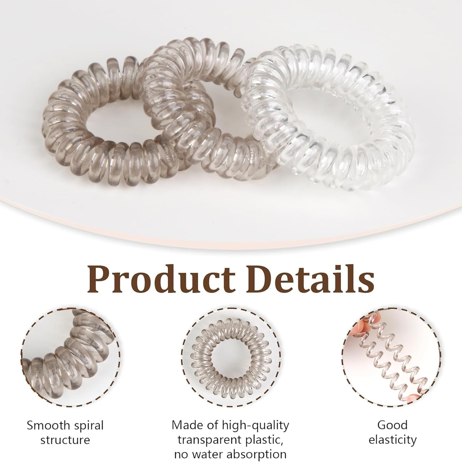 9 Pcs Spiral Hair Ties for Women, Gradient Colors Waterproof Plastic Hair Bands No Damage, Invisible Bobble Suitable for Home Travel Work Swimming Thick Hair Students Working Women & Housewives (Gray) image number 4