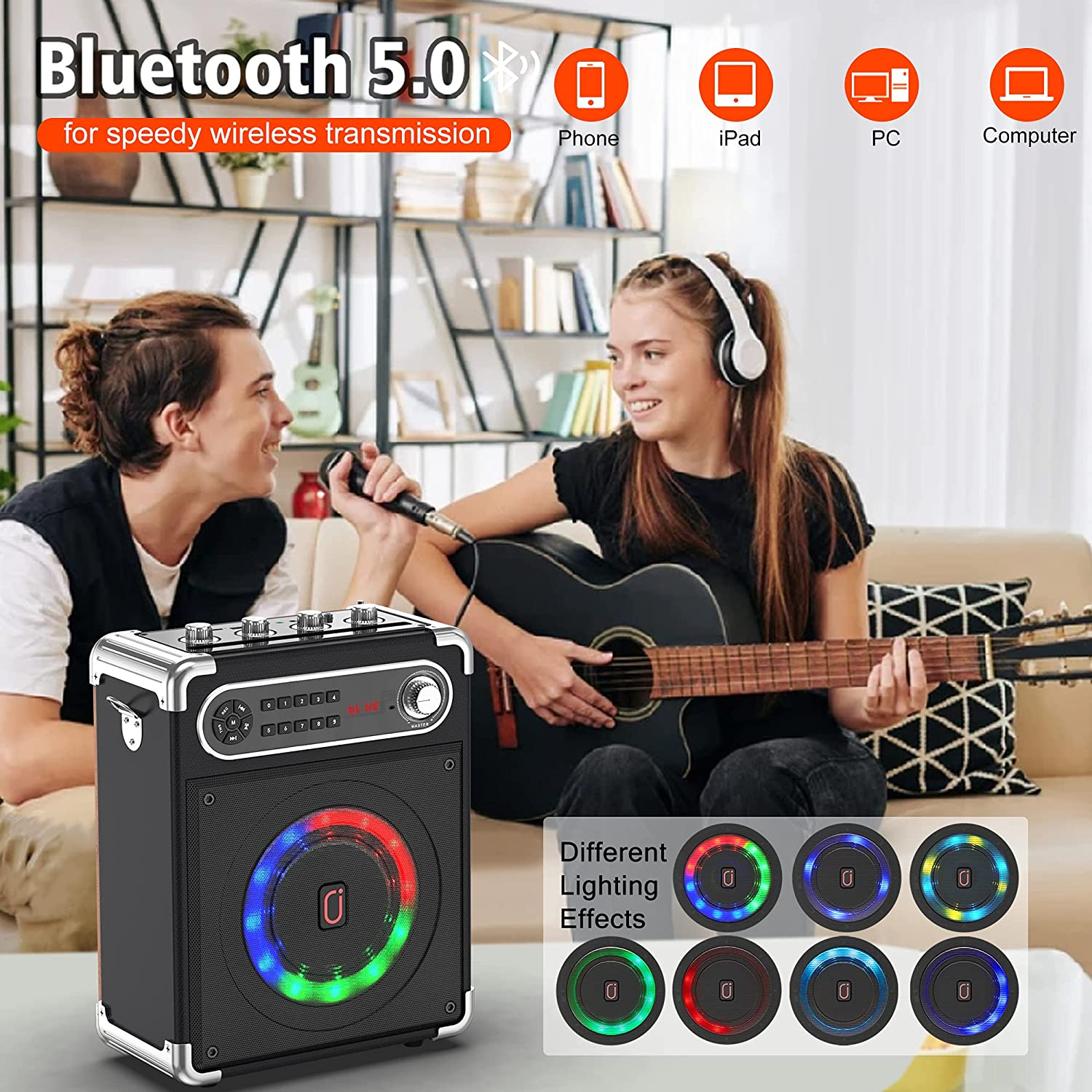 JYX Karaoke Machine with Two Wireless Microphones, Portable Bluetooth Speaker with Bass/Treble Adjustment, PA System with Remote Control, LED Lights,Supports TF Card/Usb, AUX IN, FM, REC,TWS for Party image number 2